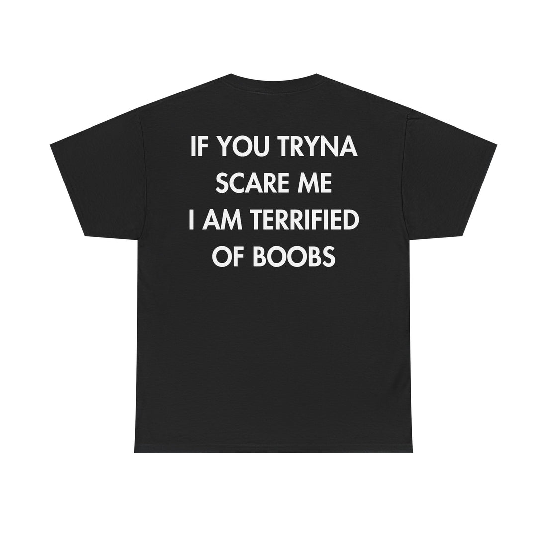 Schwarzes Unisex T-Shirt mit Back-Print und dem englischen Spruch „If you tryna scare me, I am terrified of boobs“