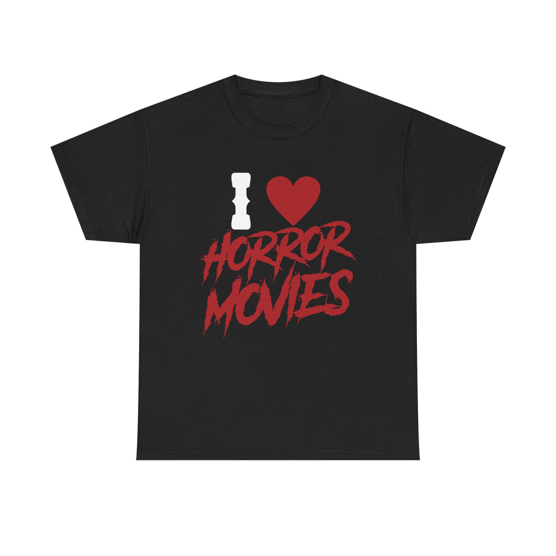 Schwarzes Shirt mit auffälligem Schriftzug „I ♥ Horror Movies“. Herzsymbol in Rot, kombiniert mit Horror-Typografie in blutiger Anmutung.