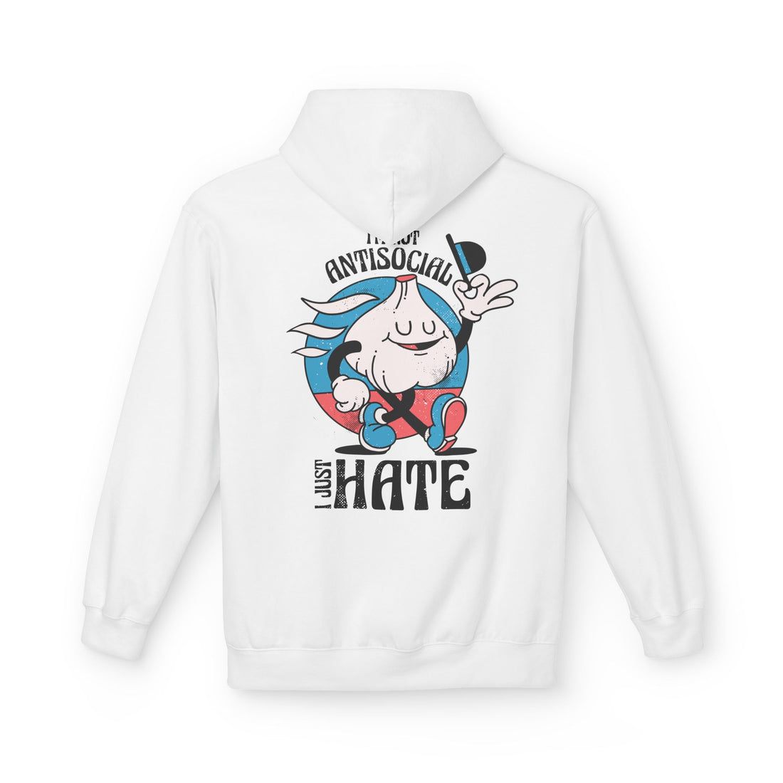 Weißer Unisex Hoodie mit Back-Print „I’m not antisocial, I just hate“ im Antisocial-Retro-Stil