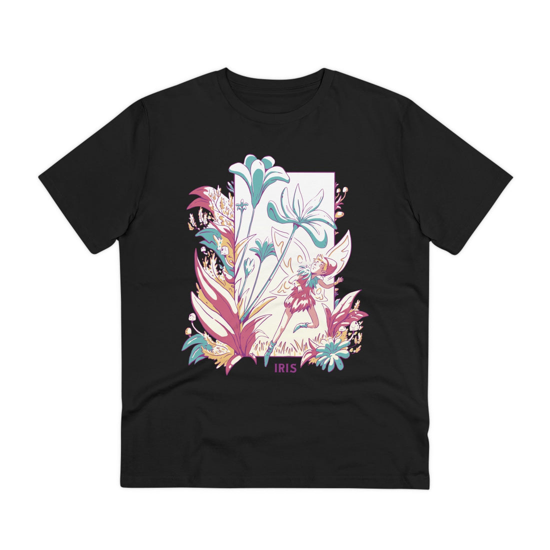 Printify T-Shirt Black / 2XS Iris - Flowers with Fairies - Front Design