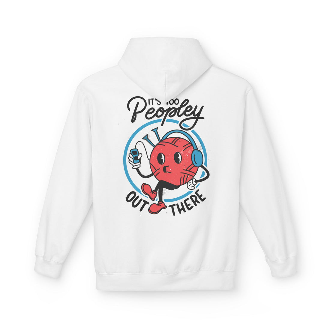 Weißer Unisex Hoodie mit Back-Print „It’s too Peopley out there“ im Antisocial-Retro-Stil