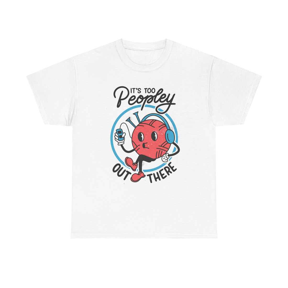 Weißes T-Shirt mit Front Print und dem Statement „It’s too peopley out there“ im Antisocial-Retro-Stil