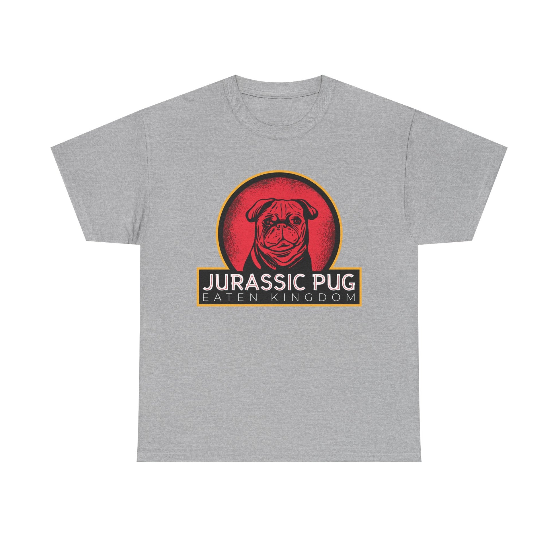 Kreativer Comic-Mops in knalligem Rot-Gelb-Rundlogo. Schriftzug „Jurassic Pug – Eaten Kingdom“ darunter.