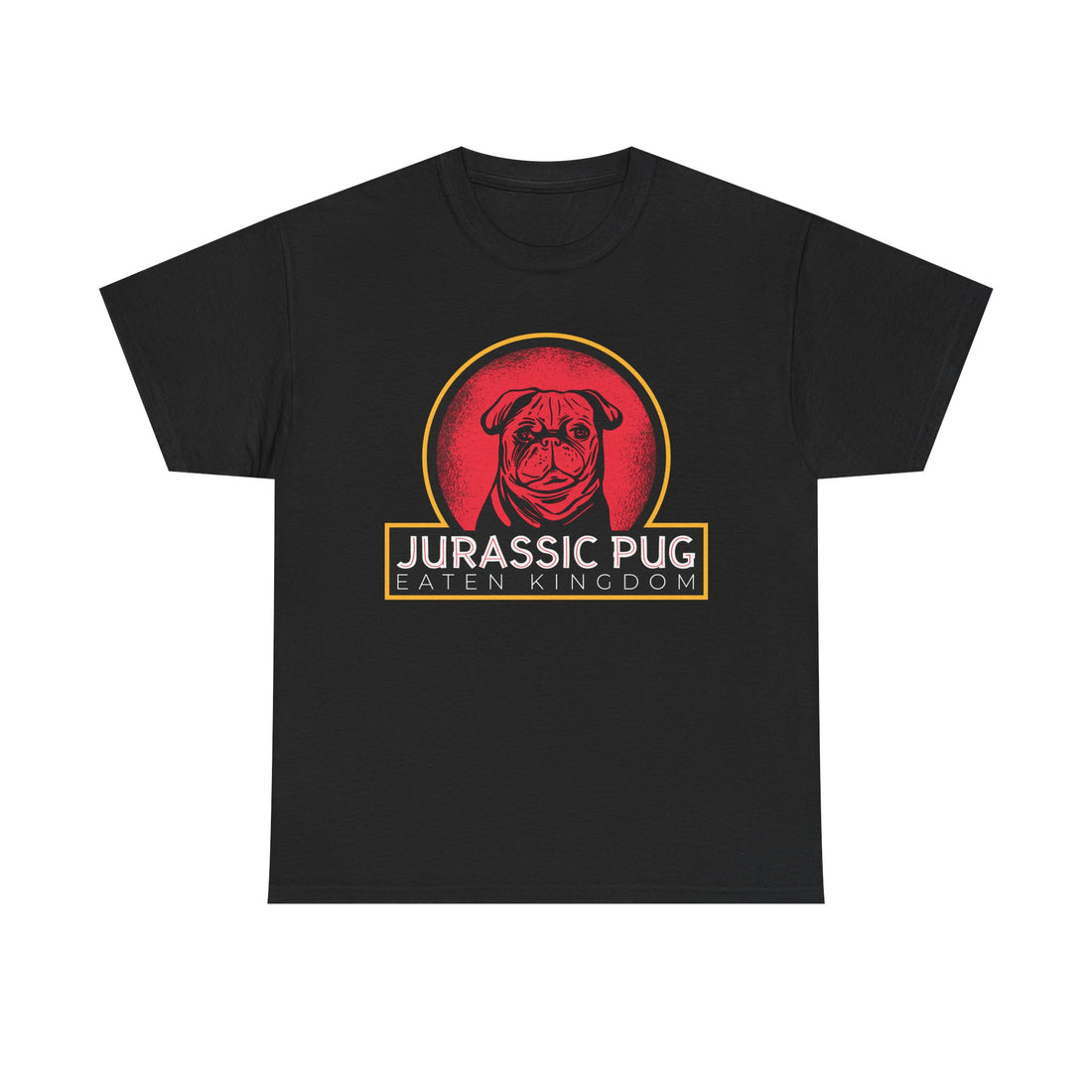 Stilisierter Mops in rotem Rundlogo – eine witzige Hommage an den Dino-Klassiker. Darunter: „Jurassic Pug – Eaten Kingdom“ in klarer Typo.