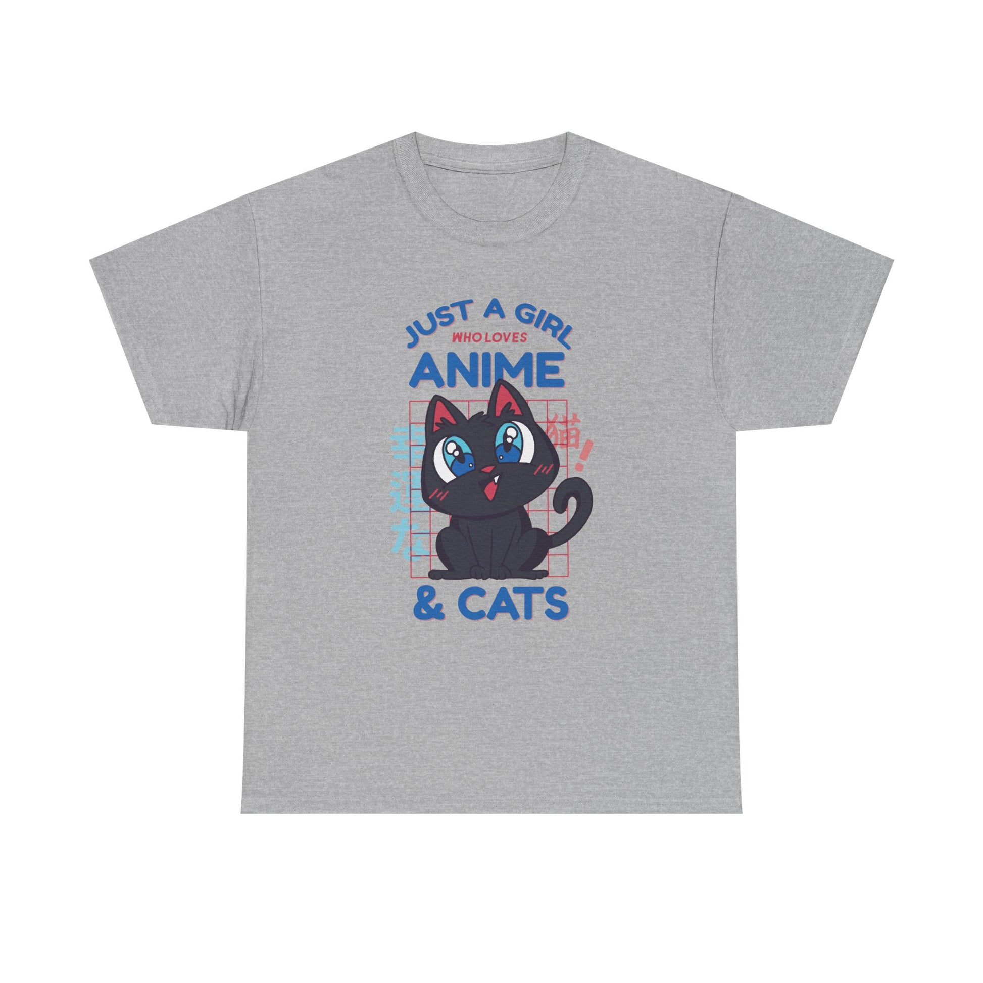 Graues Shirt mit Anime-inspirierter Katze, niedlichem Schriftzug „Just a girl who loves anime & cats“ – moderner Style für Nerd-Girls.