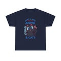 Marineblaues T-Shirt mit süßer Manga-Katze, japanischen Schriftzeichen, Statement für Anime-Girls – stylisch und verspielt im Otaku-Look.