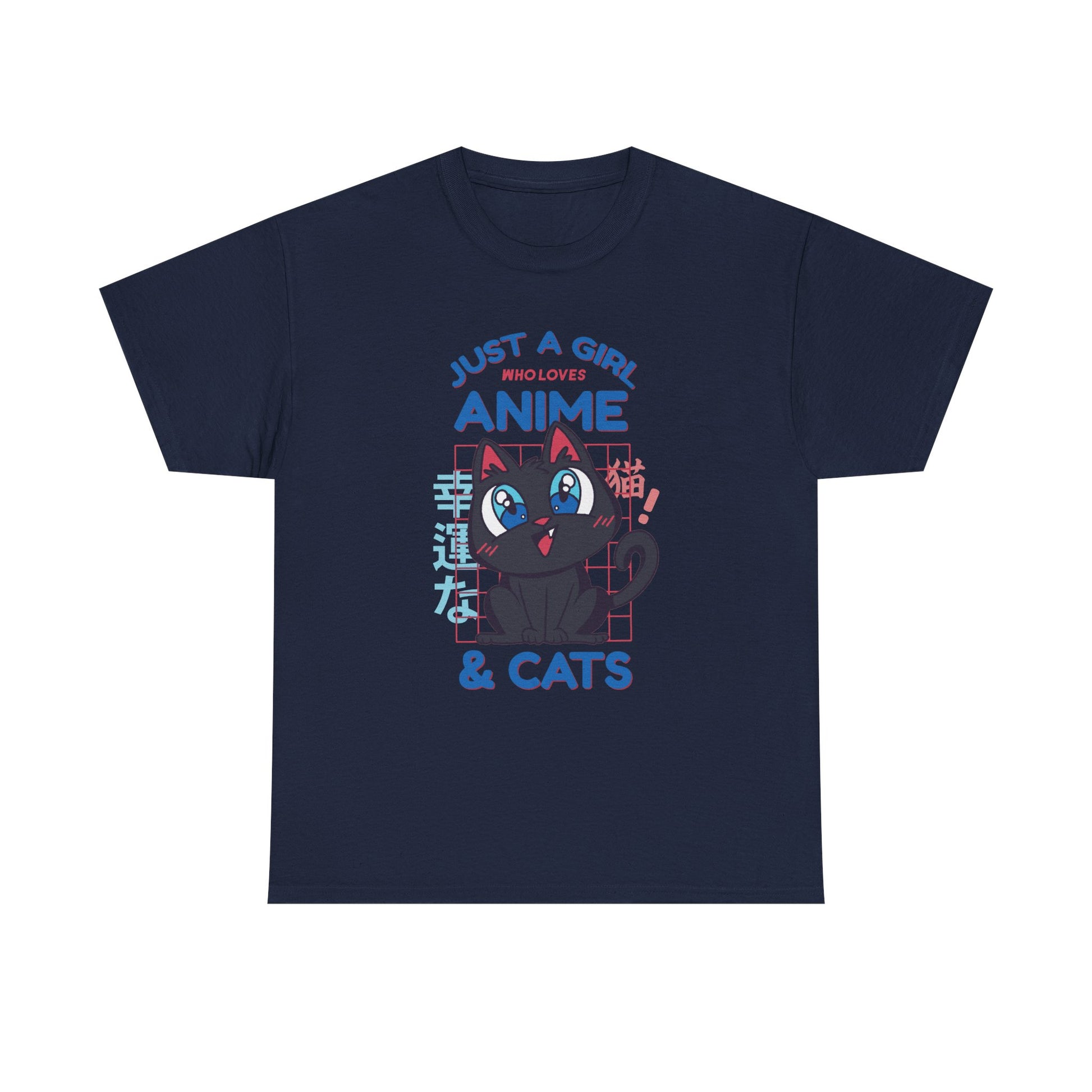 Marineblaues T-Shirt mit süßer Manga-Katze, japanischen Schriftzeichen, Statement für Anime-Girls – stylisch und verspielt im Otaku-Look.