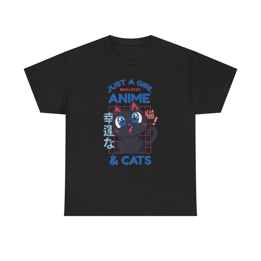 Schwarzes T-Shirt mit kawaii Anime Katze, blauen Anime-Augen, japanischer Schrift, pink-blauen Neonfarben – perfektes Shirt für Anime-Fans und Katzenliebhaberinnen.