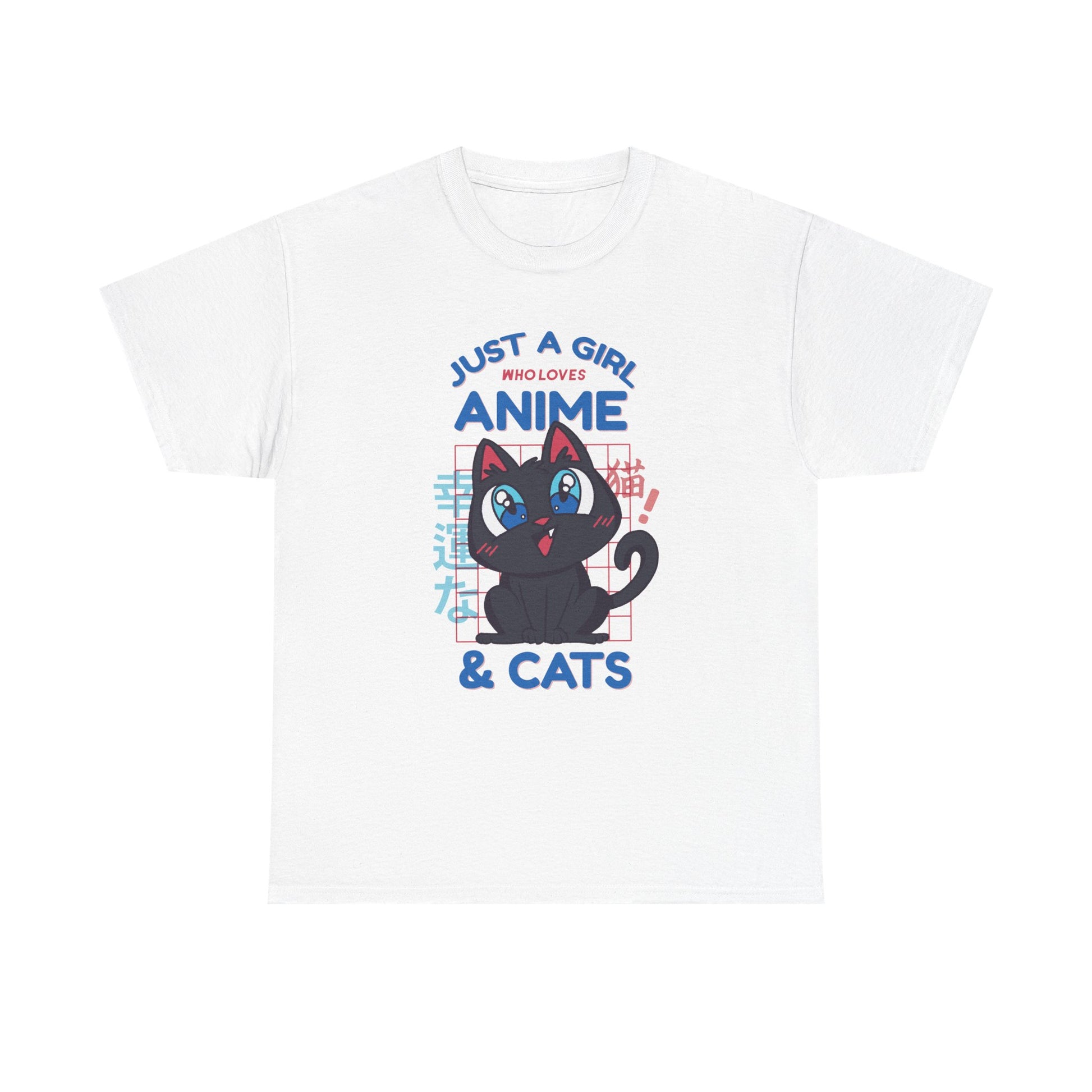 Weißes Shirt mit bunter Anime-Katze, großen Augen und japanischen Zeichen – perfekt für Mädchen, die Anime, Kawaii-Design und Katzen vereinen wollen.