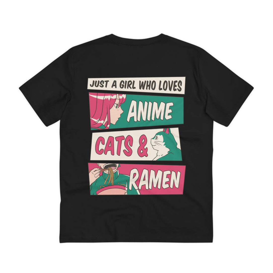 Printify T-Shirt Black / 2XS Just a Girl who loves Anime Cats & Ramen - Anime World - Back Design