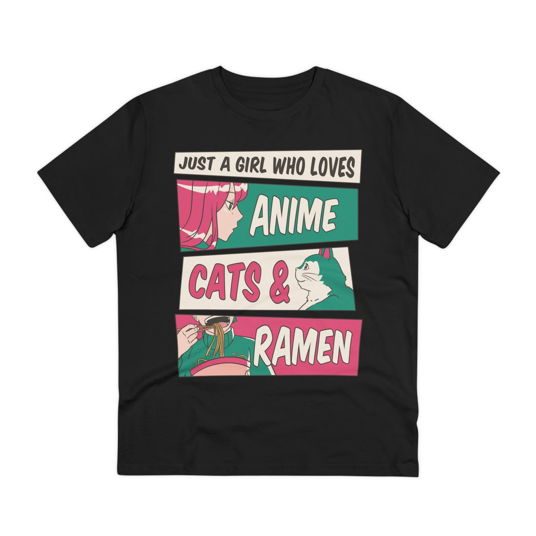 Printify T-Shirt Black / 2XS Just a Girl who loves Anime Cats & Ramen - Anime World - Front Design