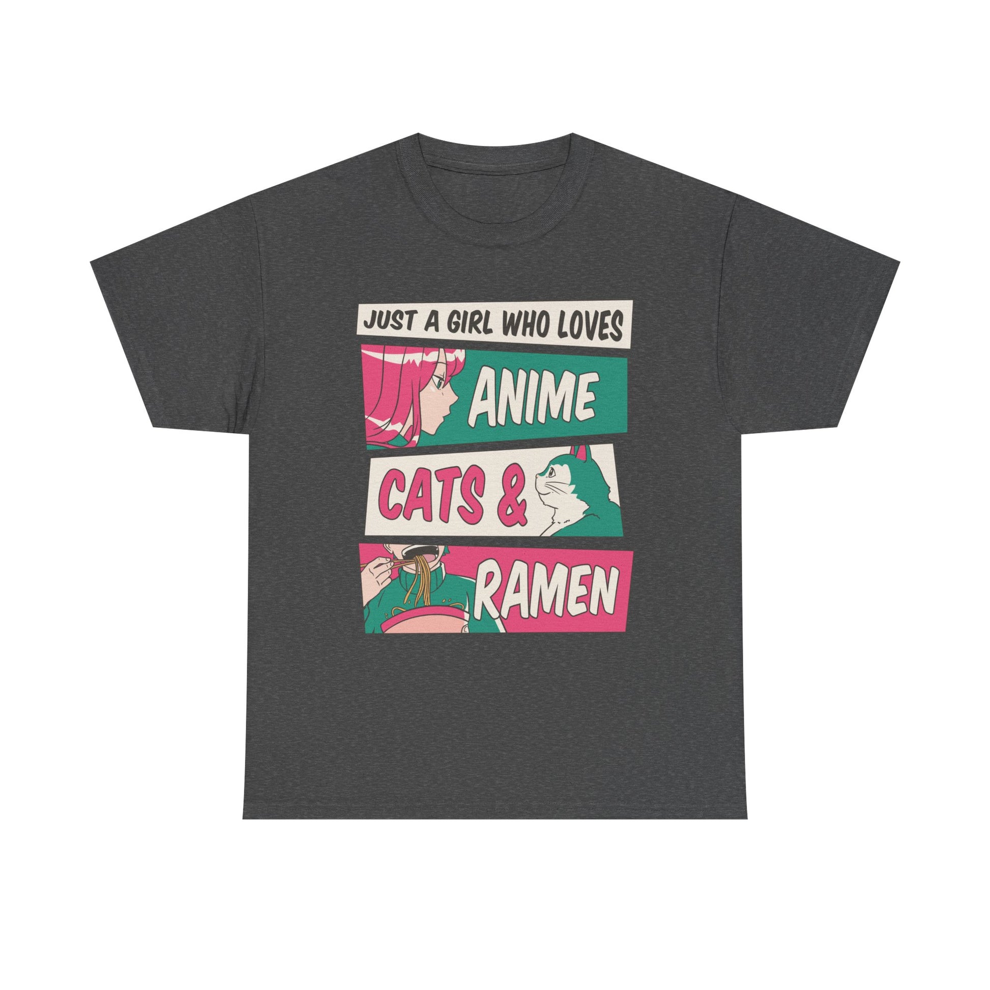Dunkelgraues Shirt mit stylischem Frontprint: pinkes Anime-Girl, süße Katze und eine Schale Ramen im Comic-Stil – ideal für Anime- & Catgirls.