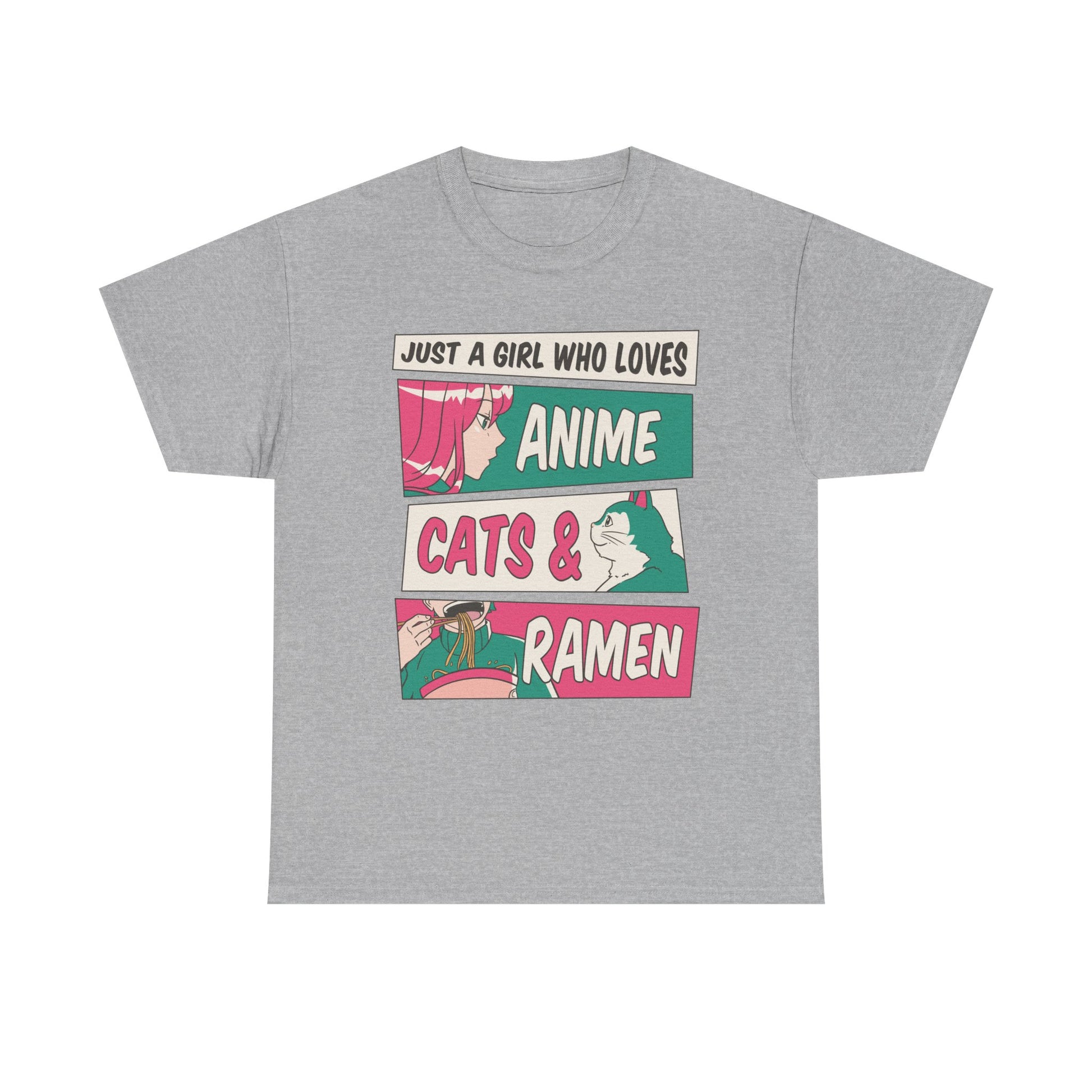 Graues Shirt mit kreativem Comic-Look: pinkhaariges Anime-Girl, weiße Katze und Ramen-Nudeln als Panels – ideal für Anime-Fans mit Stil.