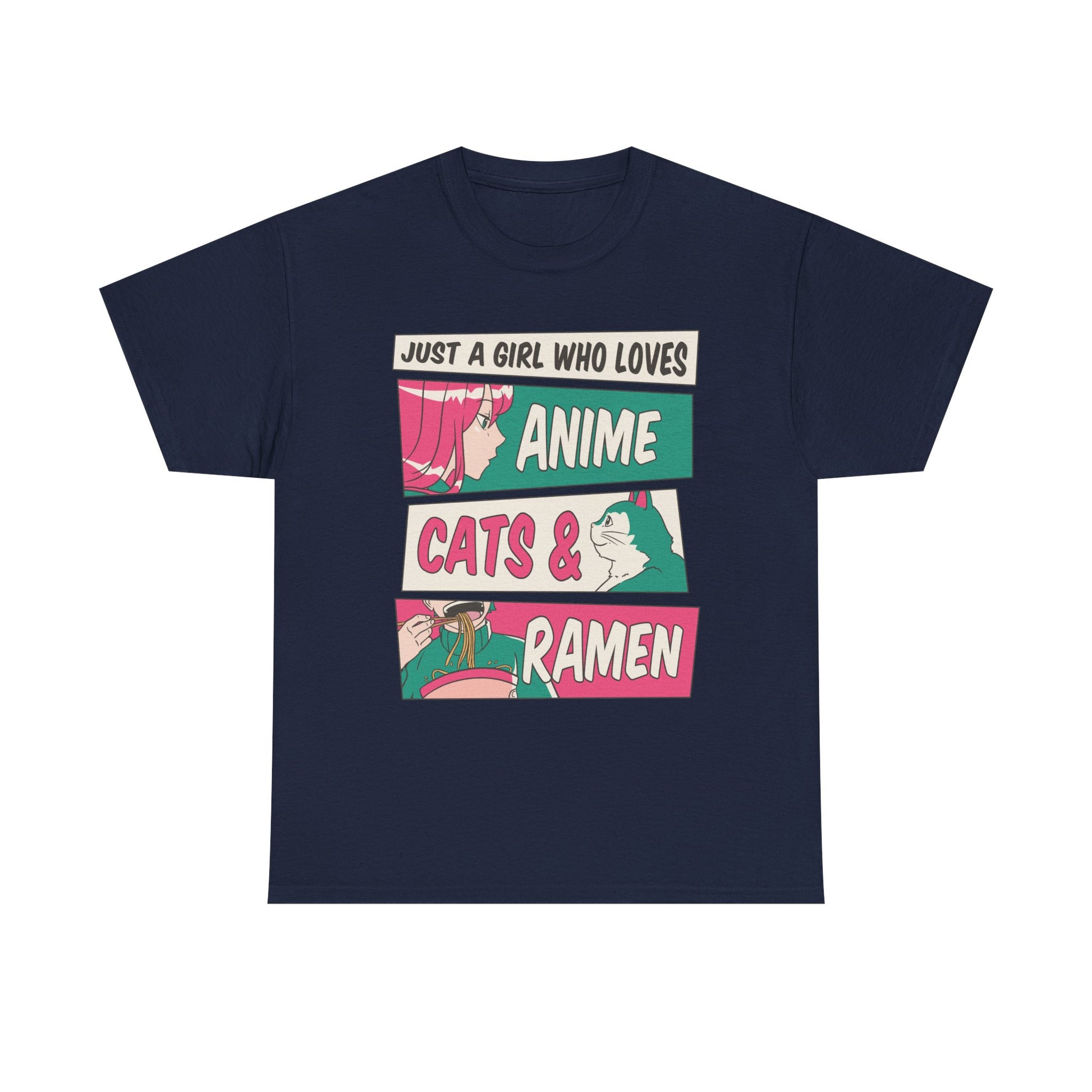 Marineblaues T-Shirt mit coolem Manga-Panel-Design – pinkhaariges Anime-Girl, niedliche Katze und Ramen-Schüssel in kräftigen Farben.