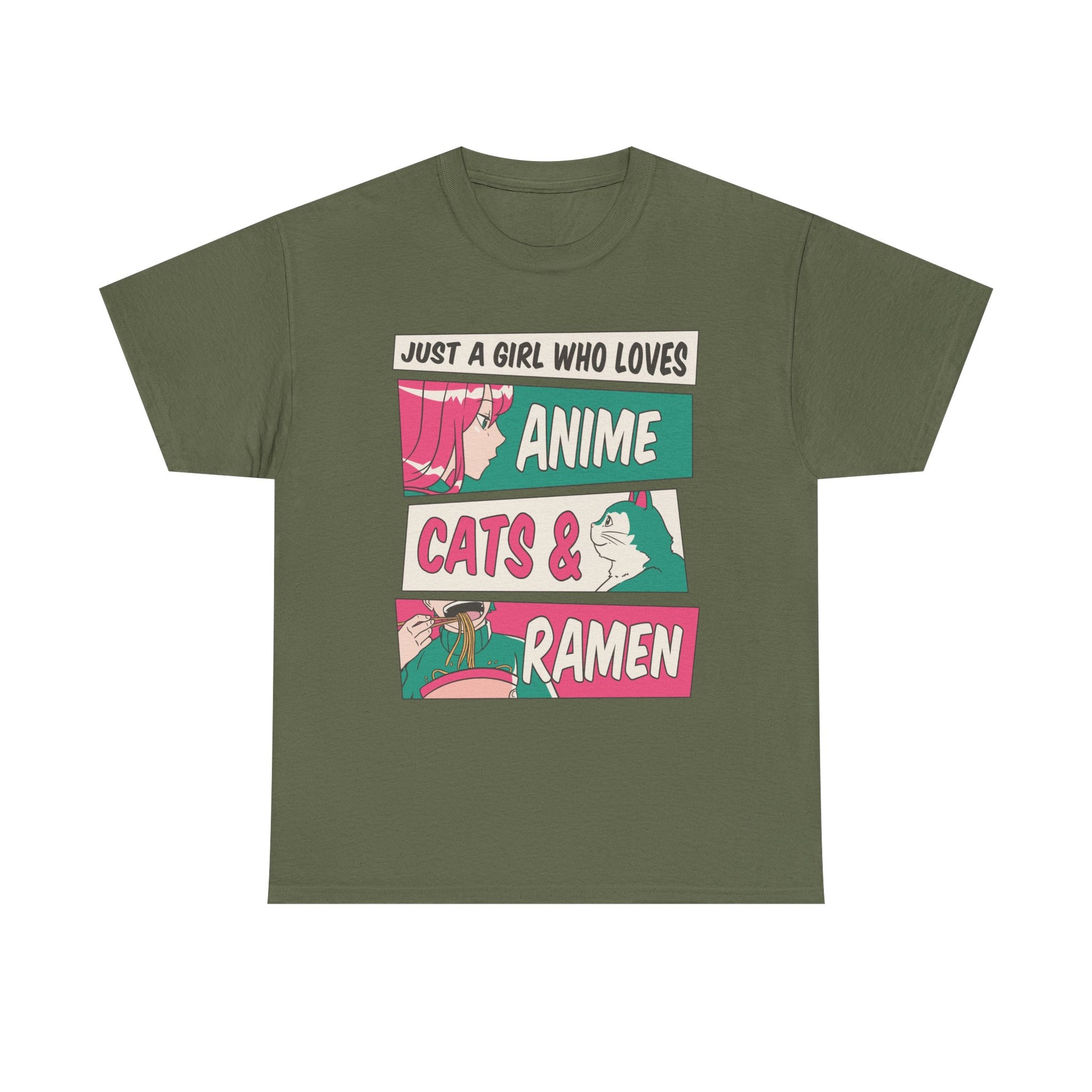T-Shirt in Militärgrün mit Panel-Grafik: Anime-Girl mit rosa Haaren, weiße Katze und dampfende Ramen – poppig, nerdig, auffällig.
