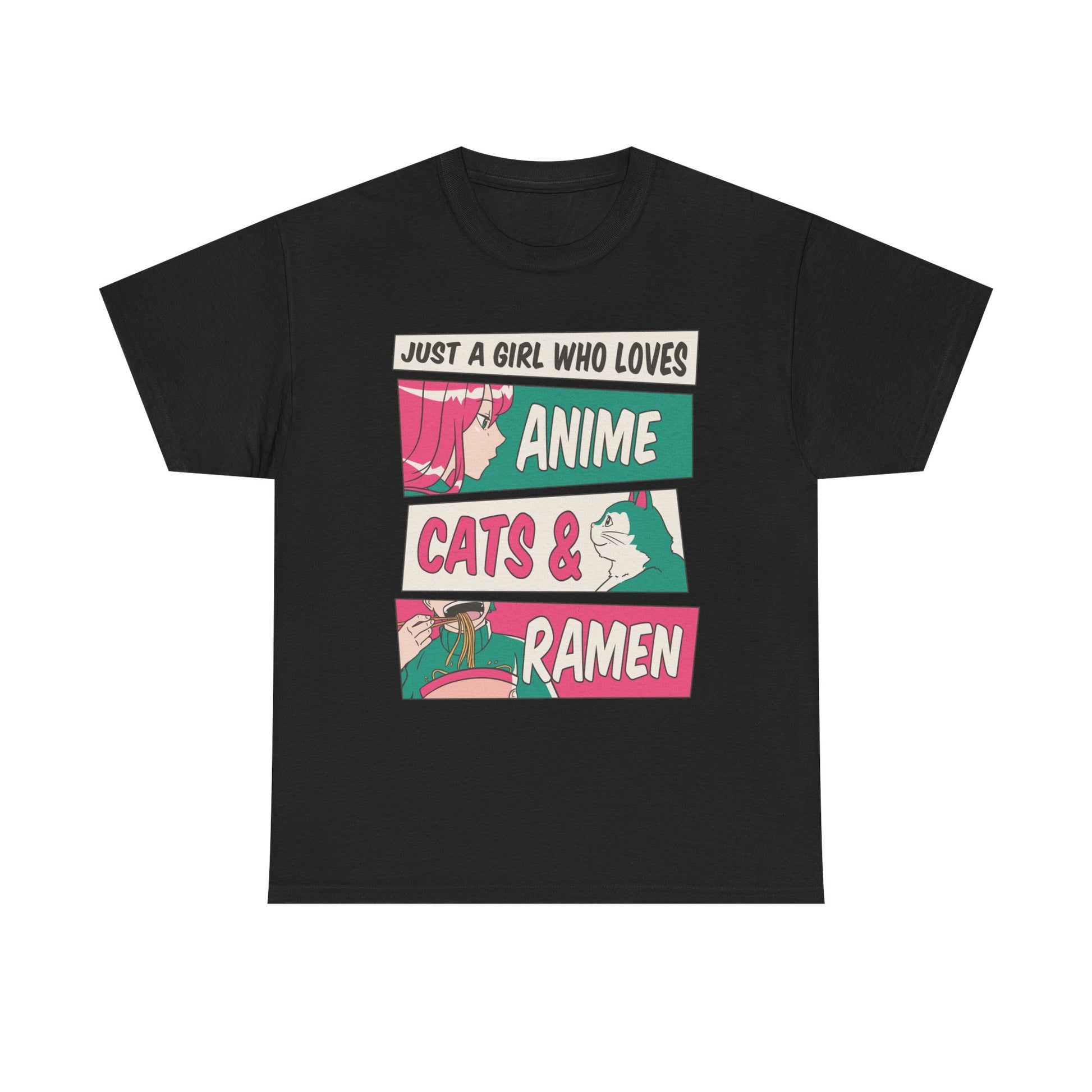 Schwarzes T-Shirt mit Retro-Anime-Design – zeigt pinkhaariges Manga-Girl, weiße Katze und dampfende Ramen-Nudeln in Comic-Panel-Optik. Perfekt für Otaku-Girls.