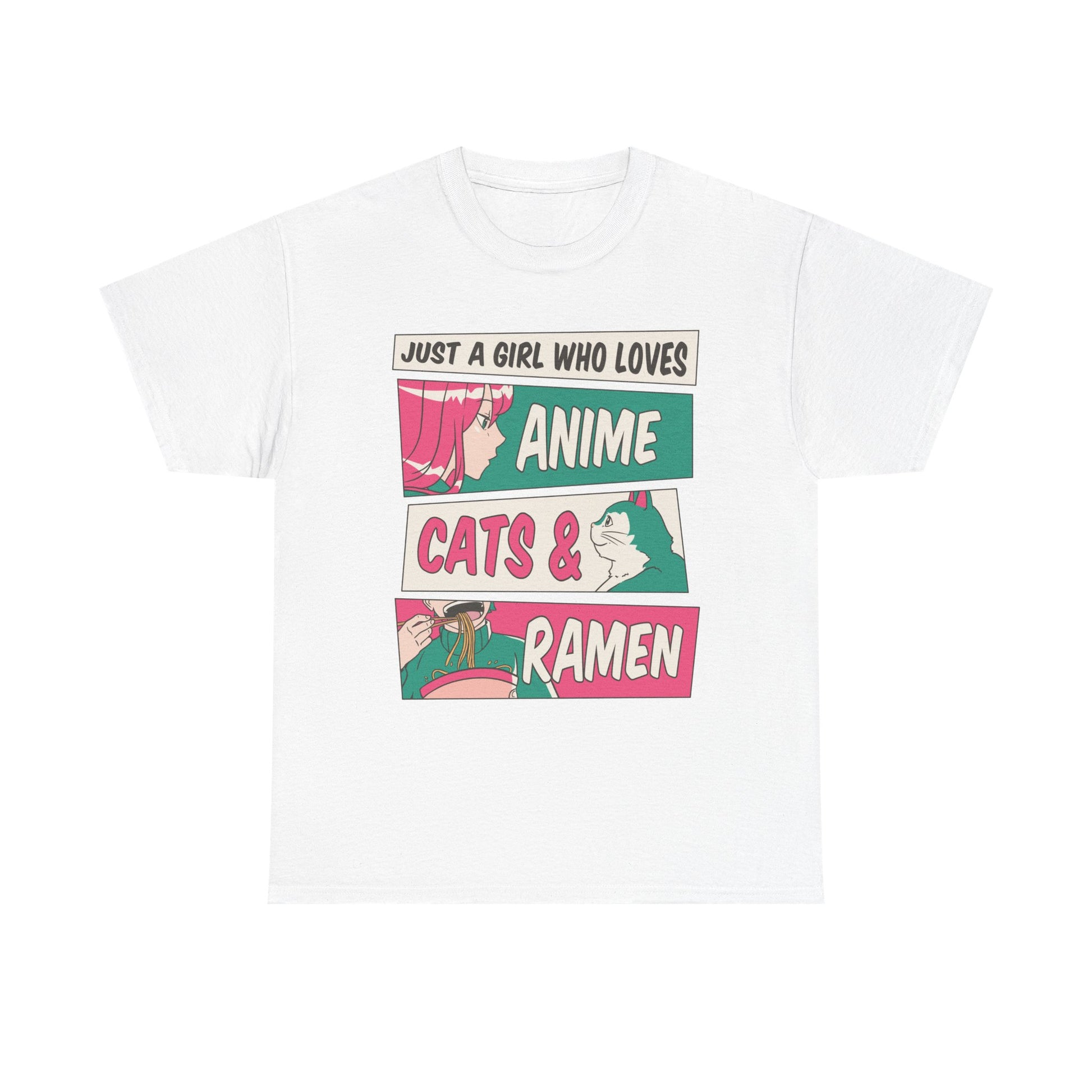 Weißes T-Shirt mit buntem Comic-Design: zeigt pinkhaarige Anime-Figur, Katze und dampfende Ramen in stylischer Panelaufteilung.