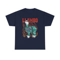 Marineblaues T Shirt mit Cartoon eines Lamas in Tarnanzug und Waffe vor Flammen. Lustige Anspielung auf den Kultfilm Rambo.