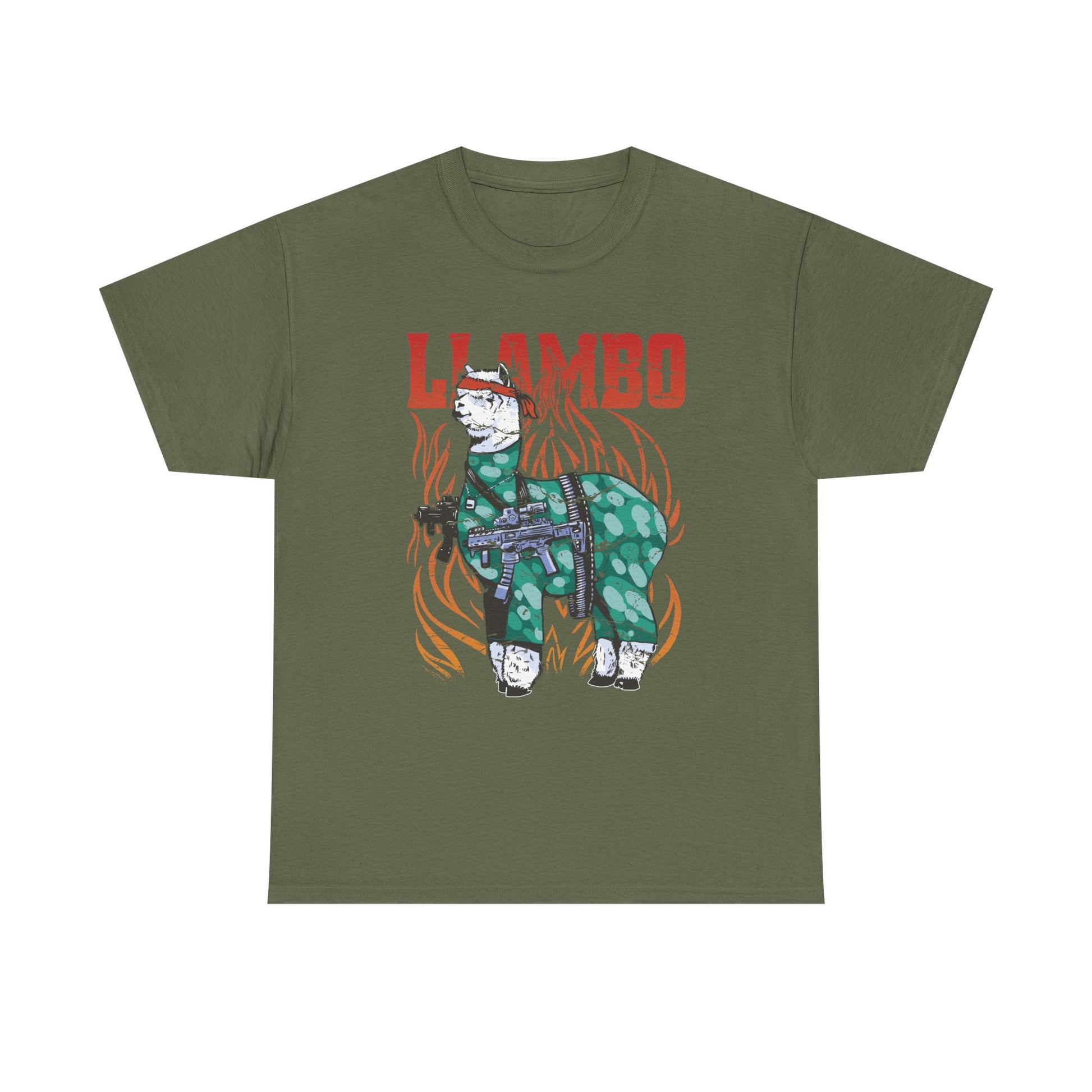 Militärgrünes T Shirt mit Comic Illustration eines bewaffneten Lamas in Uniform. Design als humorvolle Hommage an Rambo.