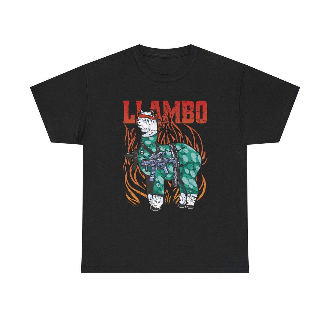 Schwarzes T Shirt mit witzigem Design eines bewaffneten Lamas in Kampfmontur vor Flammen. Parodie auf den Actionfilm Rambo.