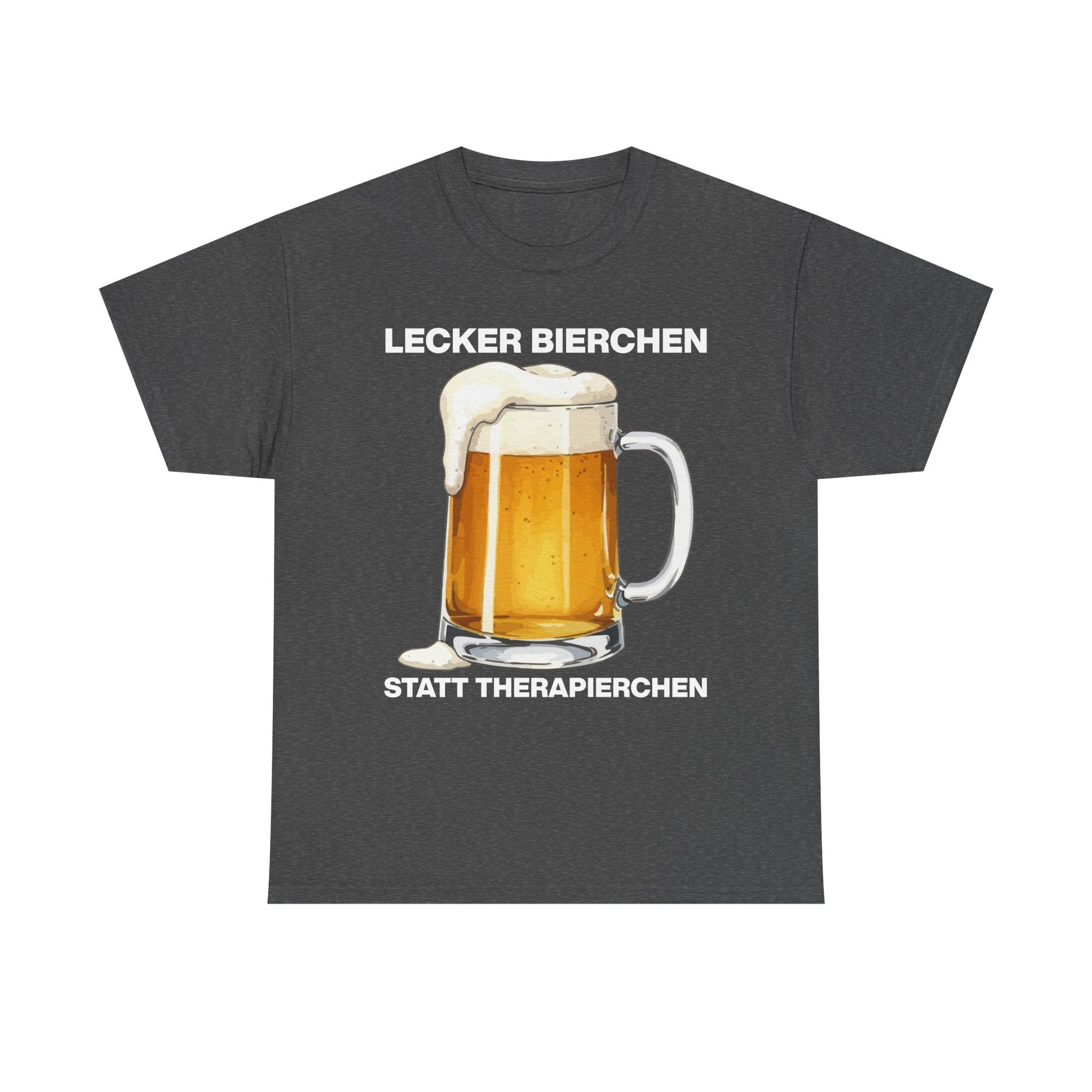 Dunkelgraues Unisex T-Shirt mit Bier-Motiv und dem humorvollen Schriftzug „Lecker Bierchen statt Therapierchen“