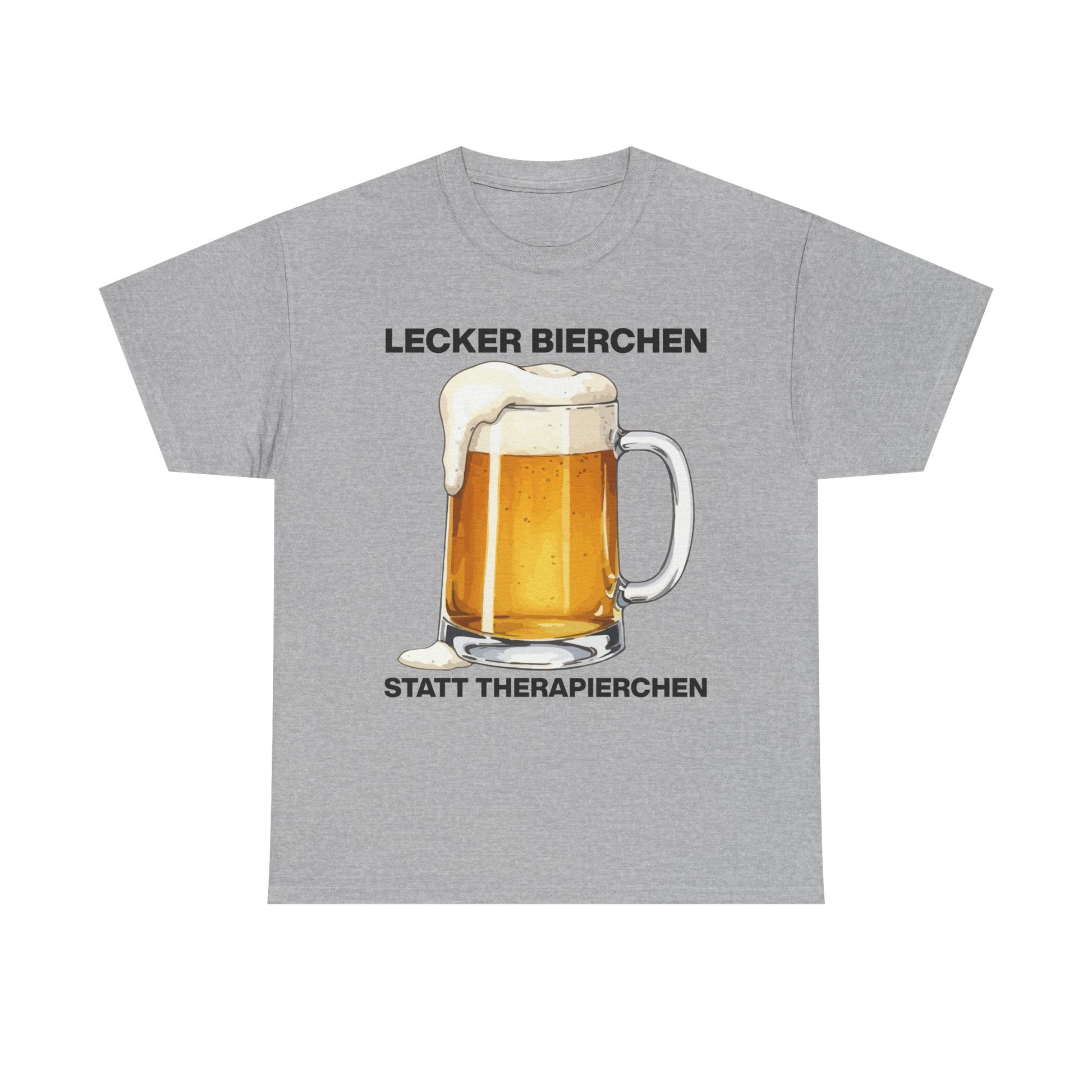 Graues Unisex T-Shirt mit Bierkrug-Grafik und dem Spruch „Lecker Bierchen statt Therapierchen“