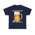 Marineblaues Unisex T-Shirt mit Bierkrug-Illustration und dem Spruch „Lecker Bierchen statt Therapierchen“
