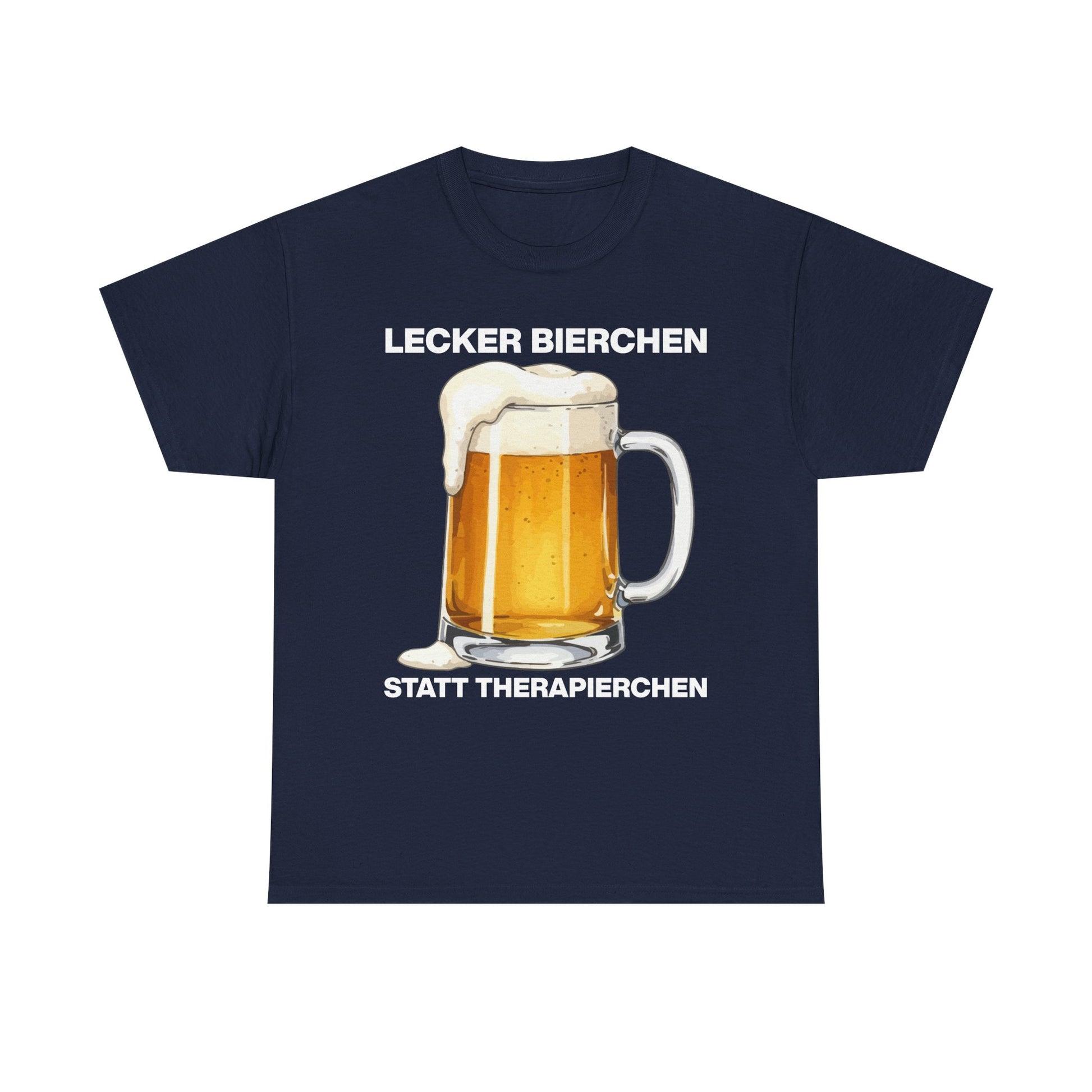 Marineblaues Unisex T-Shirt mit Bierkrug-Illustration und dem Spruch „Lecker Bierchen statt Therapierchen“