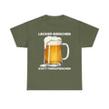 Militärgrünes Unisex T-Shirt mit Bierkrug-Illustration und dem Spruch „Lecker Bierchen statt Therapierchen“