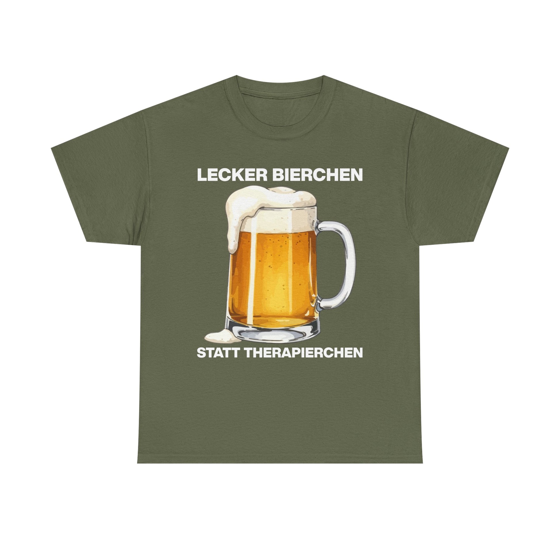 Militärgrünes Unisex T-Shirt mit Bierkrug-Illustration und dem Spruch „Lecker Bierchen statt Therapierchen“