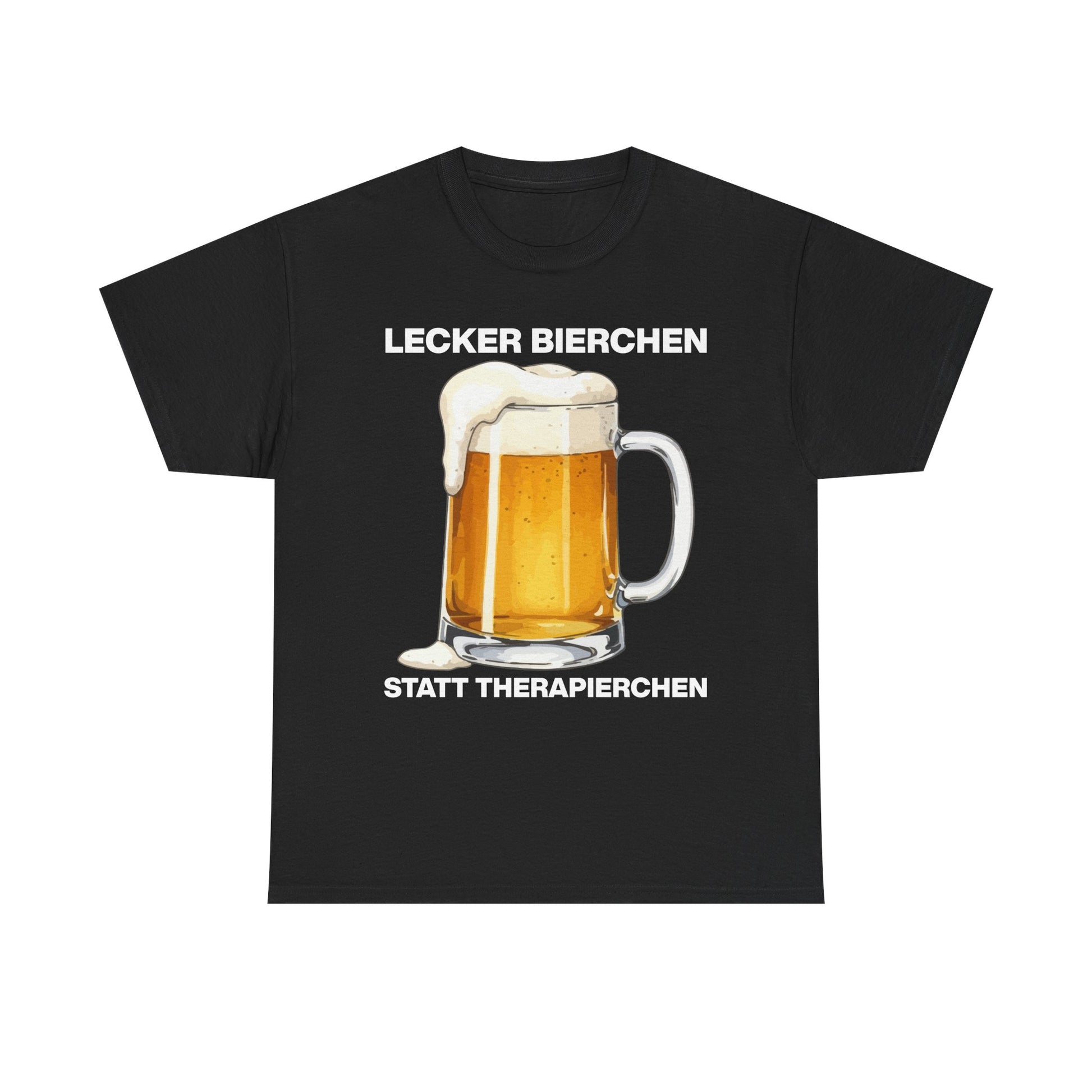 Schwarzes Unisex T-Shirt mit Bierkrug-Motiv und dem humorvollen Spruch „Lecker Bierchen statt Therapierchen“