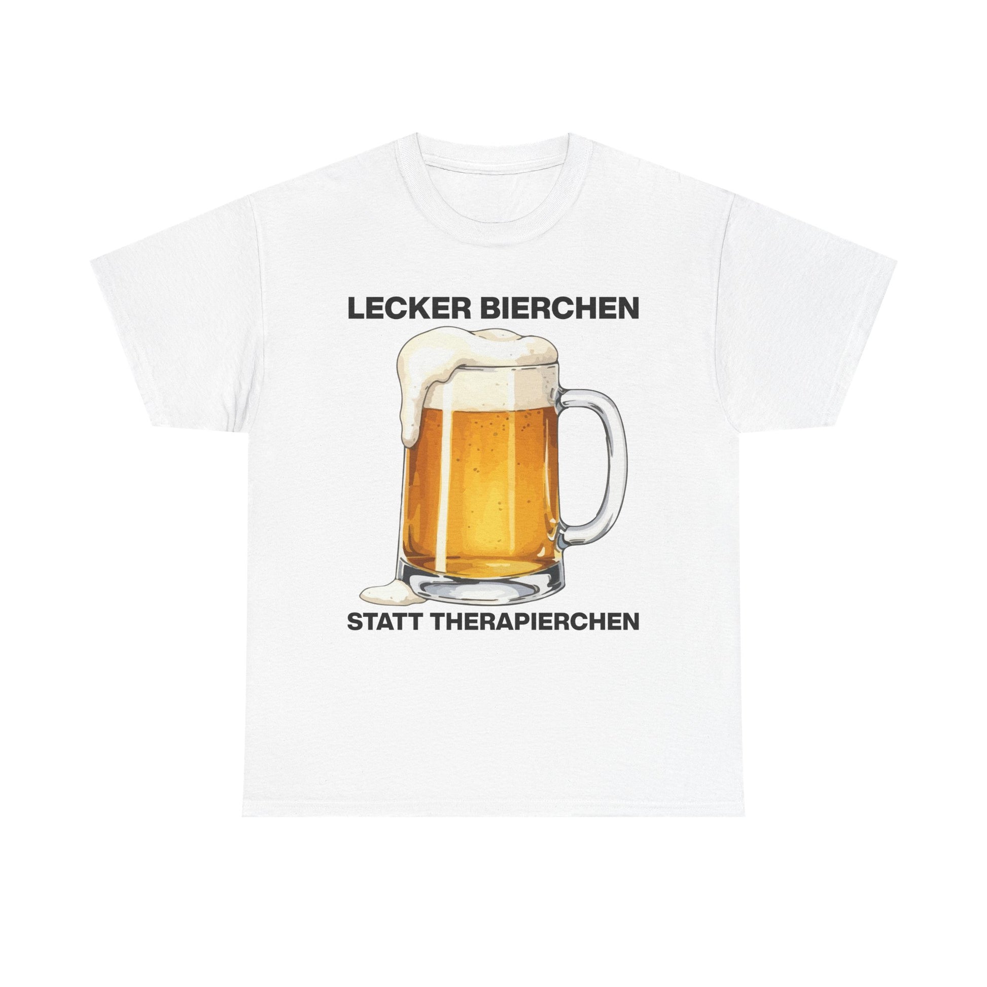 Weißes Unisex T-Shirt mit Bier-Motiv und dem witzigen Spruch „Lecker Bierchen statt Therapierchen“