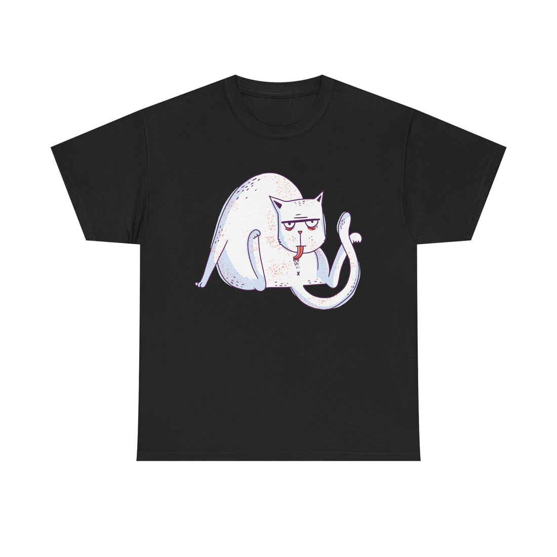Schwarzes T-Shirt mit Frontdesign einer weißen Katze mit müdem Blick, die sich gelangweilt das Fell leckt. Sarkastischer Comic-Stil mit feiner Linienführung und subtiler Lila-Rot-Farbgebung. Ideal für Minimalisten, Katzenfans und Freunde von trockenen Humor-Statements.