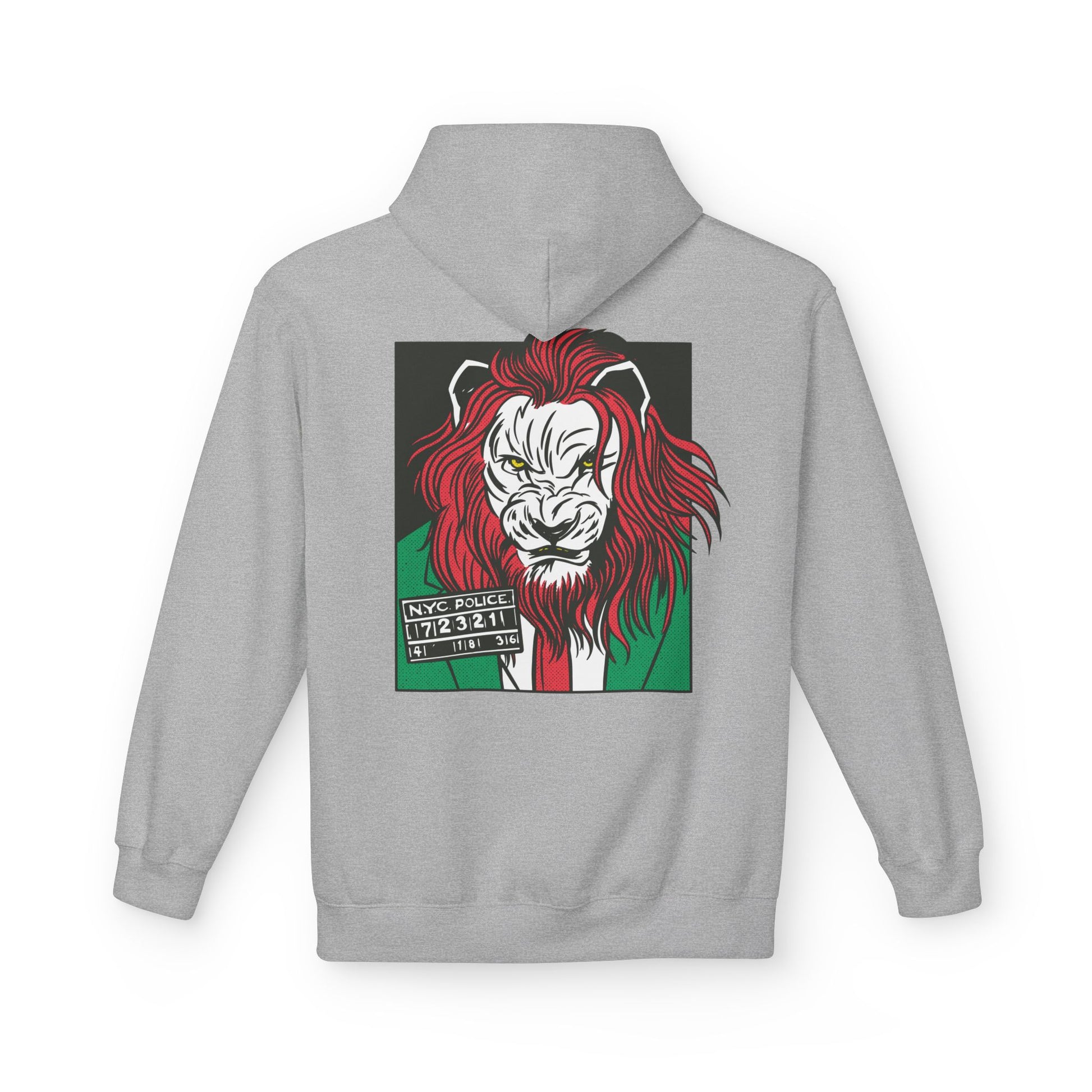 Grauer Unisex Hoodie mit Back-Print eines Löwenbosses im Comic-Mafia-Stil