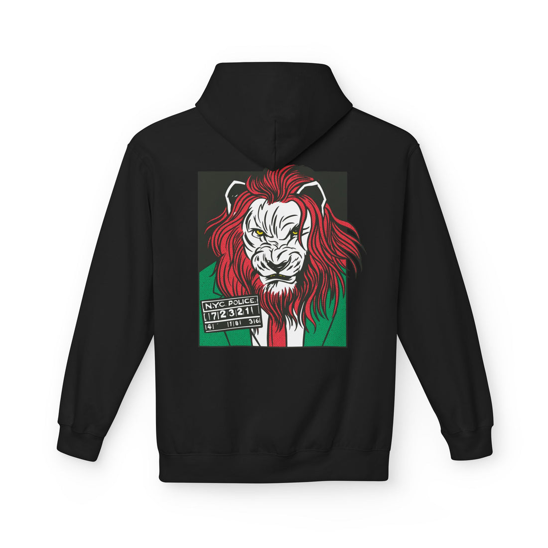 Schwarzer Unisex Hoodie mit Back-Print eines dominanten Löwen im Comic-Mafia-Stil mit Mugshot-Motiv