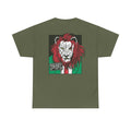 Militärgrünes Unisex T-Shirt mit Back Print eines mächtigen Löwen im Comic-Mafia-Stil