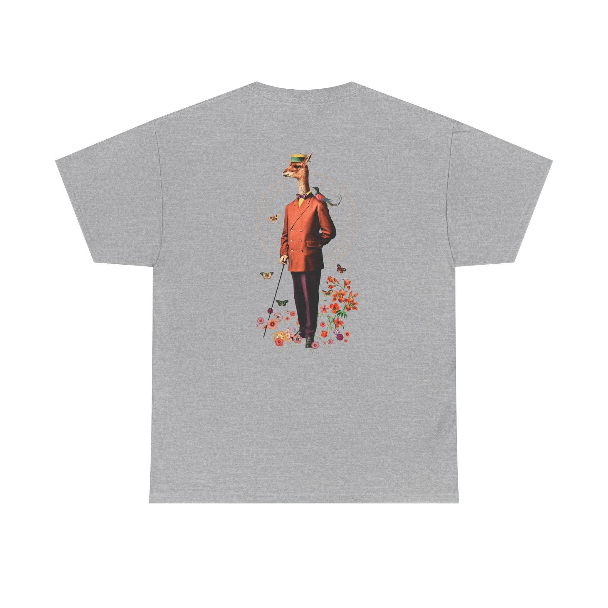 Graues T-Shirt mit Back Print einer Animal-Human-Collage mit Lama in einer Blumenwiese