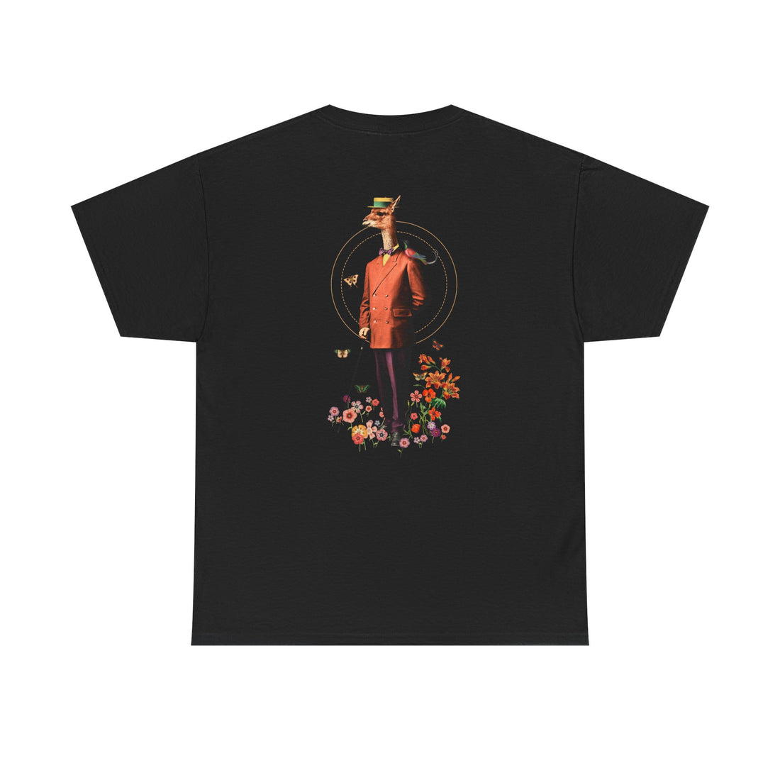 Schwarzes T-Shirt mit Back Print einer Animal-Human-Collage mit Lama in einer Blumenwiese