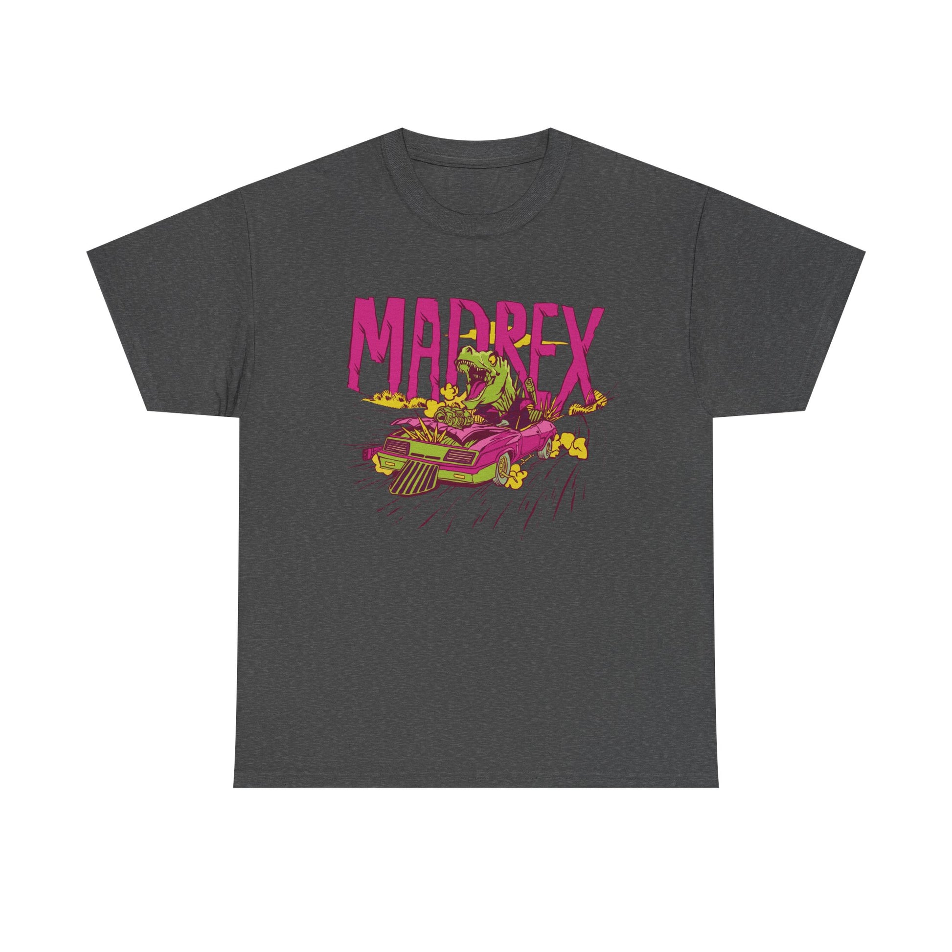 Dunkelgraues T Shirt mit schrillem MADREX Comicmotiv. Wütender T-Rex jagt im pinken Auto, begleitet von gelben Explosionen.