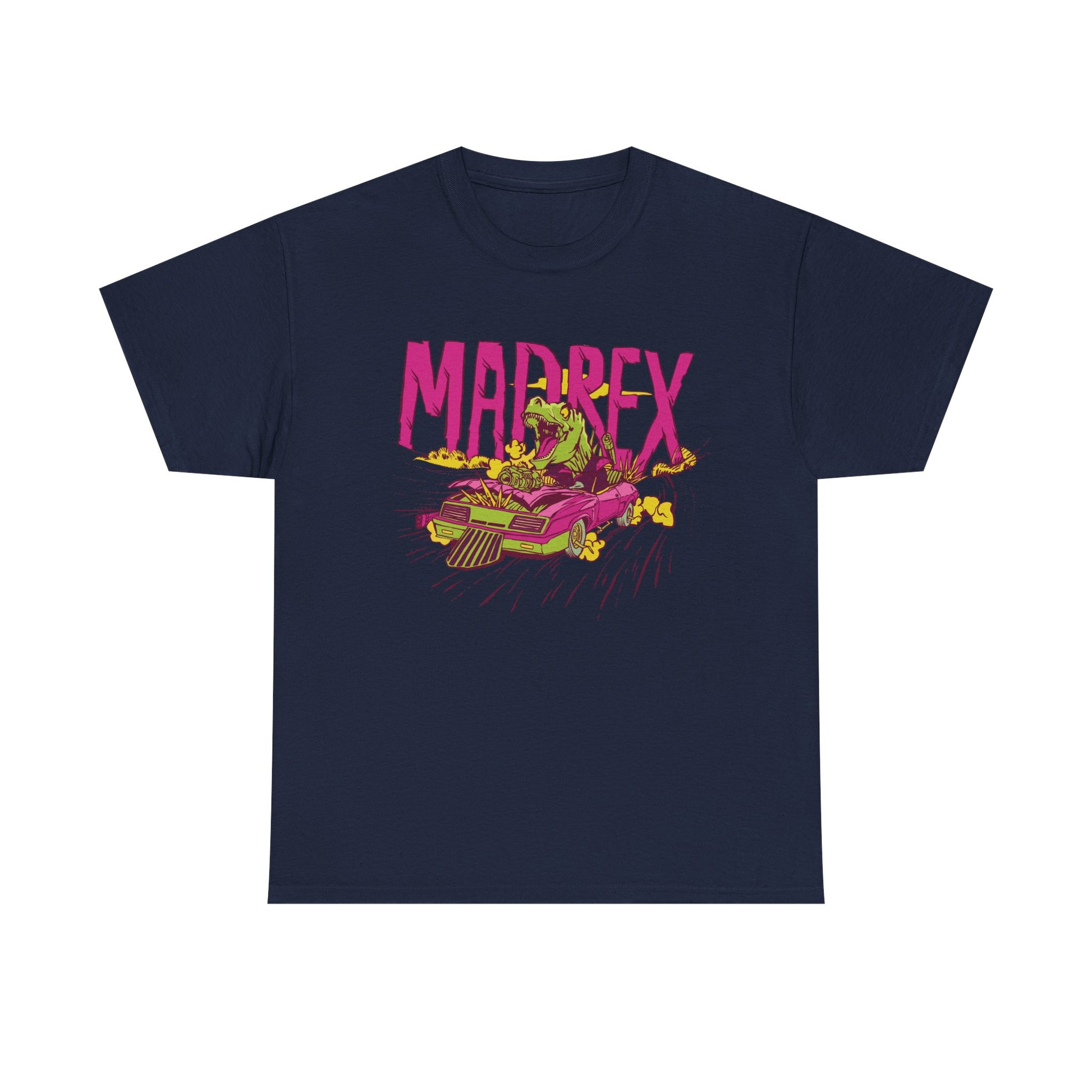 Marineblaues T Shirt mit knalligem Comicdruck: Ein grüner T-Rex rast in einem pinken Auto. Text: MADREX in großen Lettern.