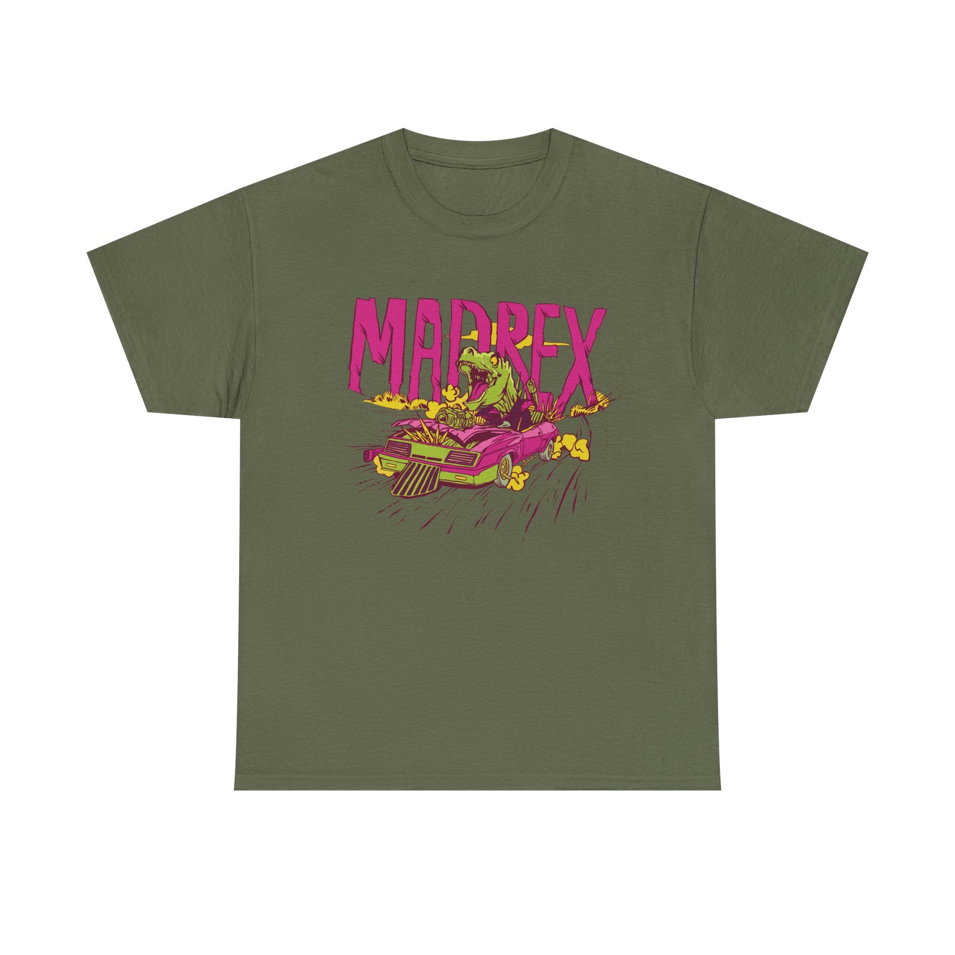 Militärgrünes T Shirt mit MADREX Design. Pinker Rennwagen, feuerspeiender Dino, Explosionen. Großes, grelles Actionmotiv.