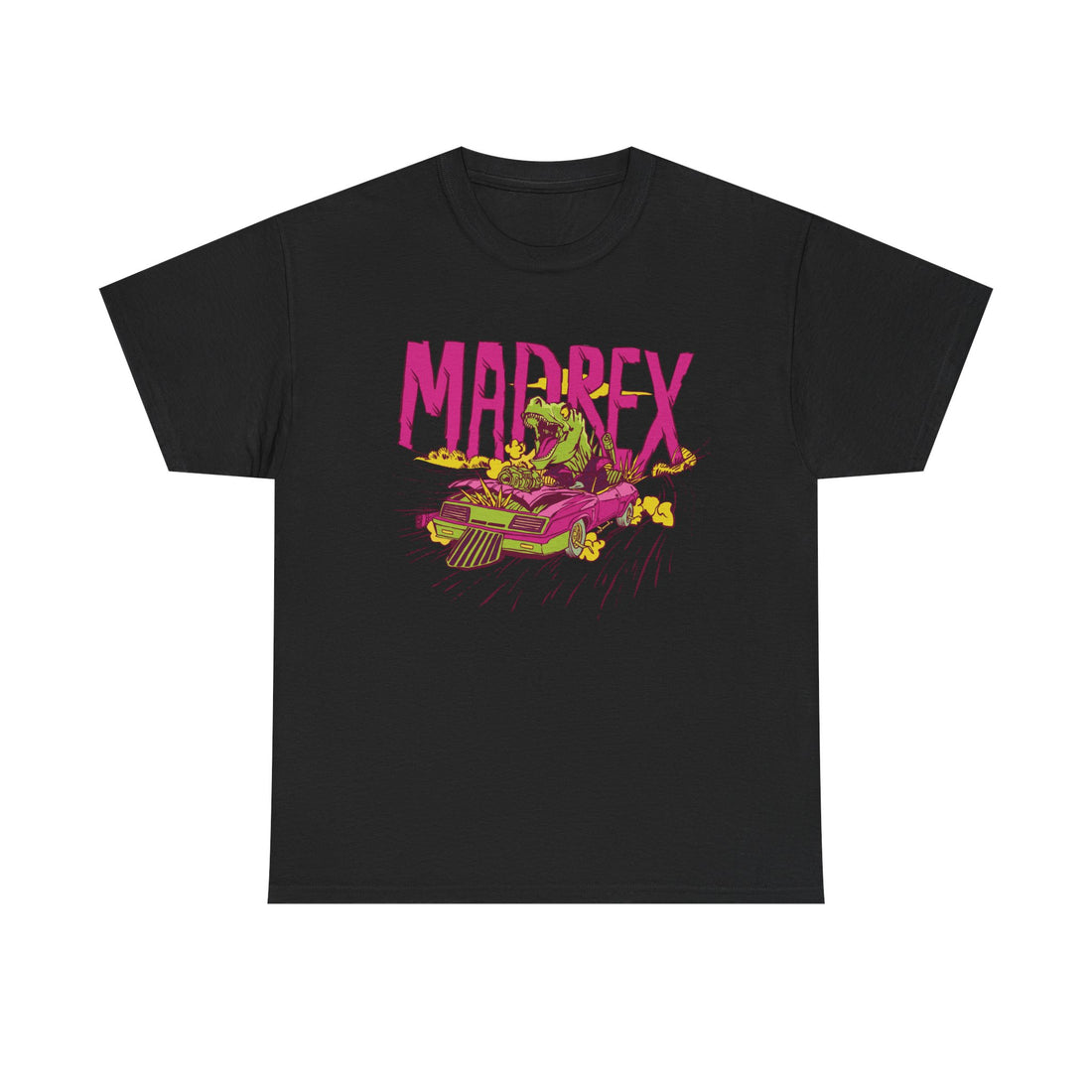 Schwarzes T Shirt mit greller MADREX Grafik. Ein grüner T-Rex fährt ein pinkes Muscle-Car, das Rauch und Flammen erzeugt. Text: MADREX.