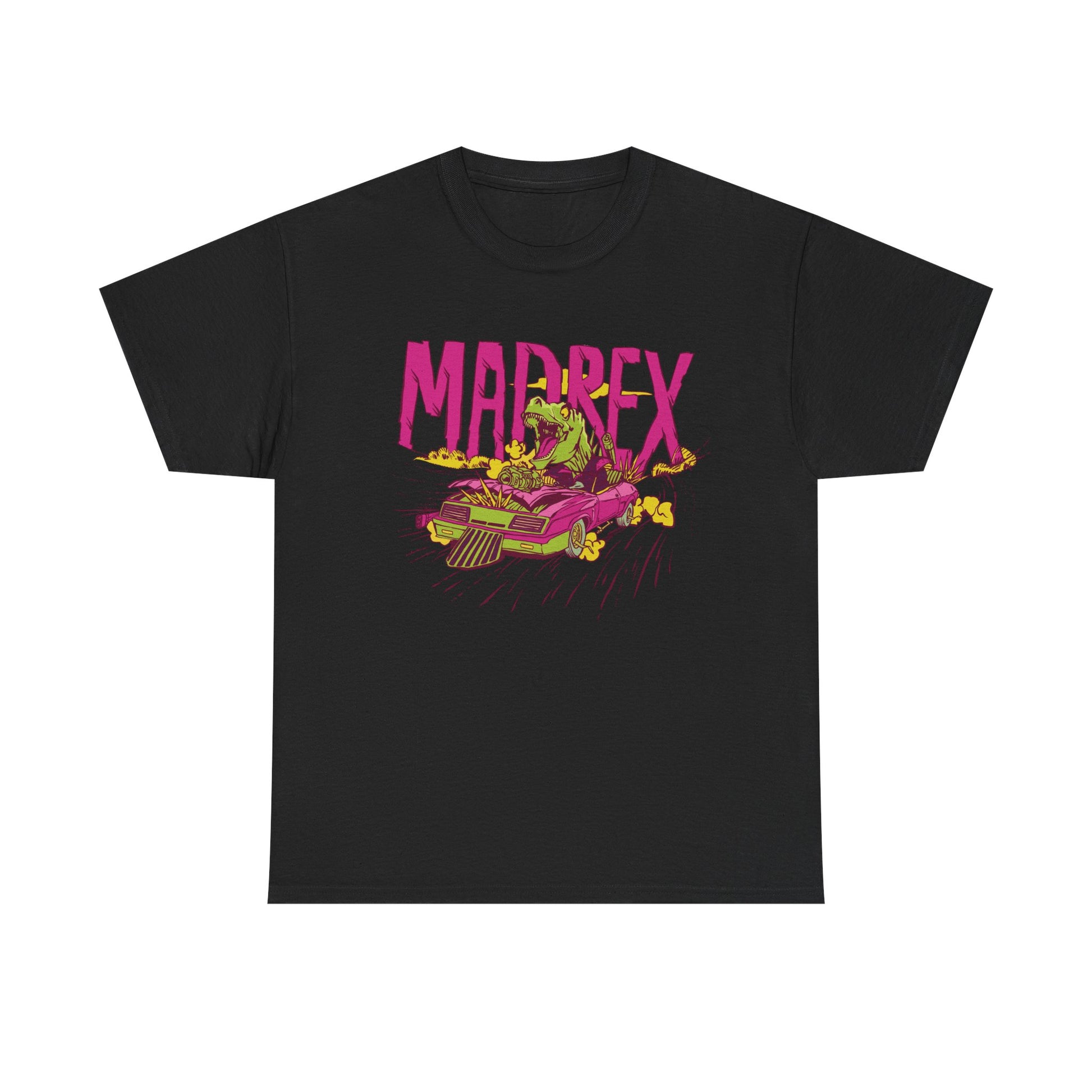 Schwarzes T Shirt mit greller MADREX Grafik. Ein grüner T-Rex fährt ein pinkes Muscle-Car, das Rauch und Flammen erzeugt. Text: MADREX.