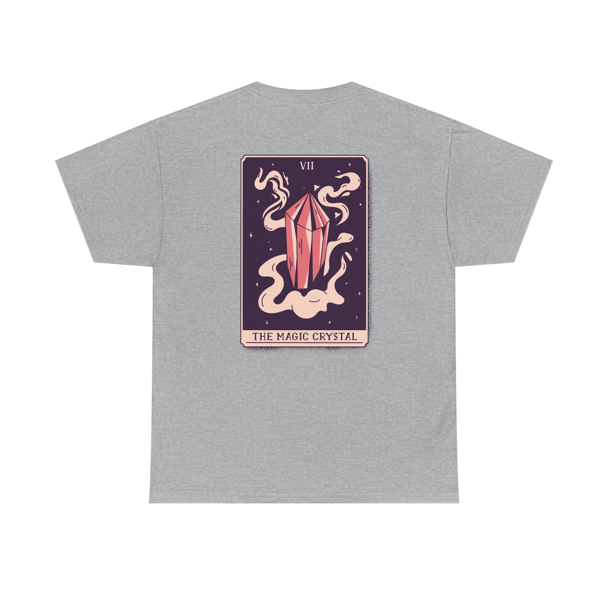 Graues Shirt mit Tarotkartenmotiv: Ein schwebender Kristall in Pink, umgeben von Rauch und kleinen Sternen auf der Rückseite.