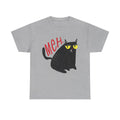 Graues T-Shirt mit einem mürrischen Katzenmotiv: Eine schwarze, gelangweilte Katze sitzt unter dem großen roten Text „MEH“. Ein ikonischer Look für Introvertierte, Sarkastische oder Meme-Fans.