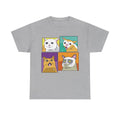 Graues T-Shirt mit quadratischem Katzenraster: Vier Katzen zeigen typische Meme-Faces wie Schock, Neugier oder Verachtung – Pop-Art-inspiriert und humorvoll.