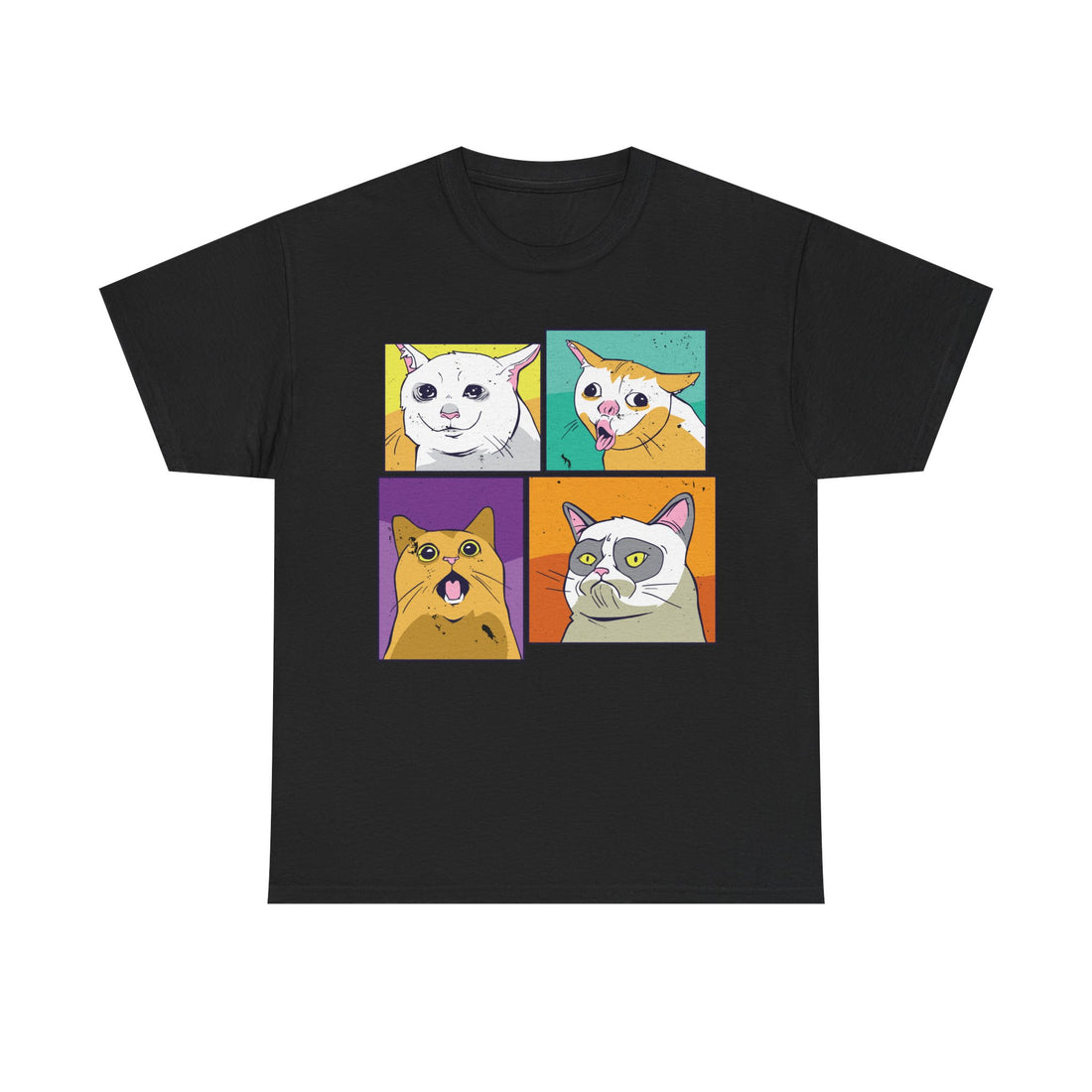 Schwarzes T-Shirt mit vier gezeichneten Meme-Katzen in bunten Quadraten. Jede Katze zeigt einen viralen Gesichtsausdruck – von überrascht bis sarkastisch. Pop-Art-inspirierter Stil mit Internet-Flair – ein Must-Have für Meme-Fans und Cat Lover.