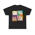 Schwarzes T-Shirt mit vier gezeichneten Meme-Katzen in bunten Quadraten. Jede Katze zeigt einen viralen Gesichtsausdruck – von überrascht bis sarkastisch. Pop-Art-inspirierter Stil mit Internet-Flair – ein Must-Have für Meme-Fans und Cat Lover.