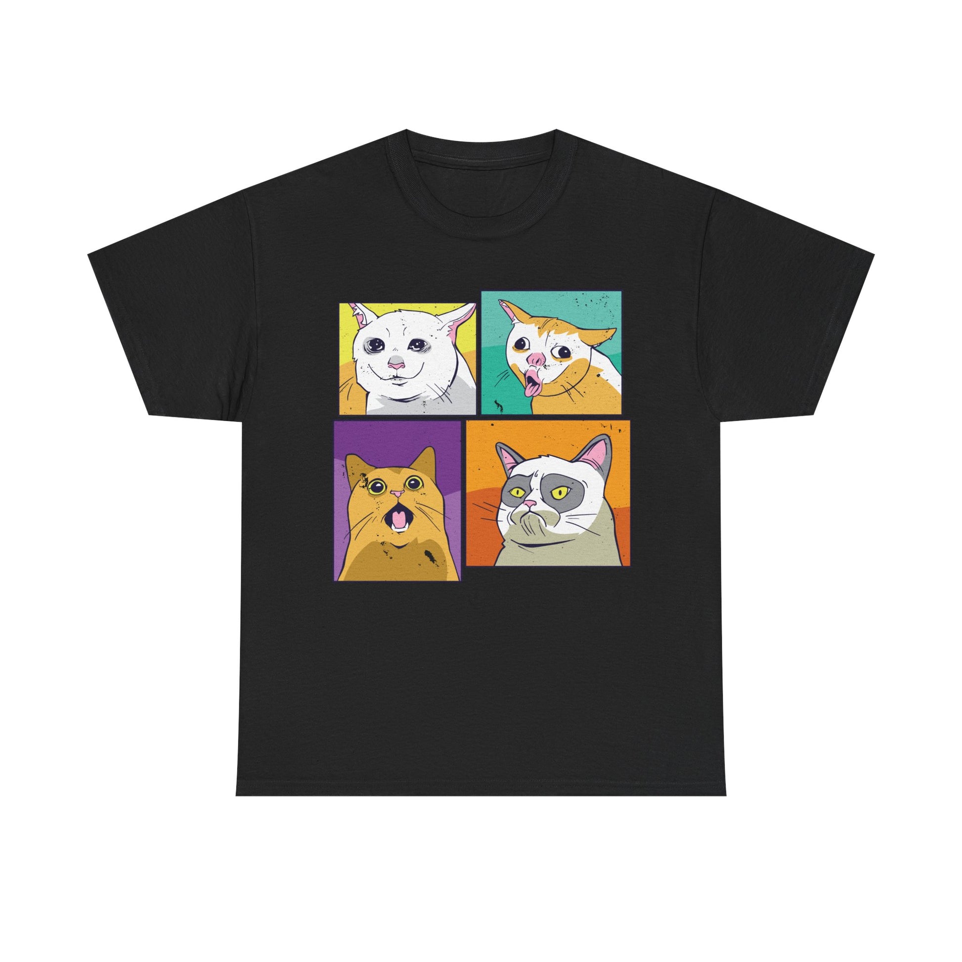 Schwarzes T-Shirt mit vier gezeichneten Meme-Katzen in bunten Quadraten. Jede Katze zeigt einen viralen Gesichtsausdruck – von überrascht bis sarkastisch. Pop-Art-inspirierter Stil mit Internet-Flair – ein Must-Have für Meme-Fans und Cat Lover.
