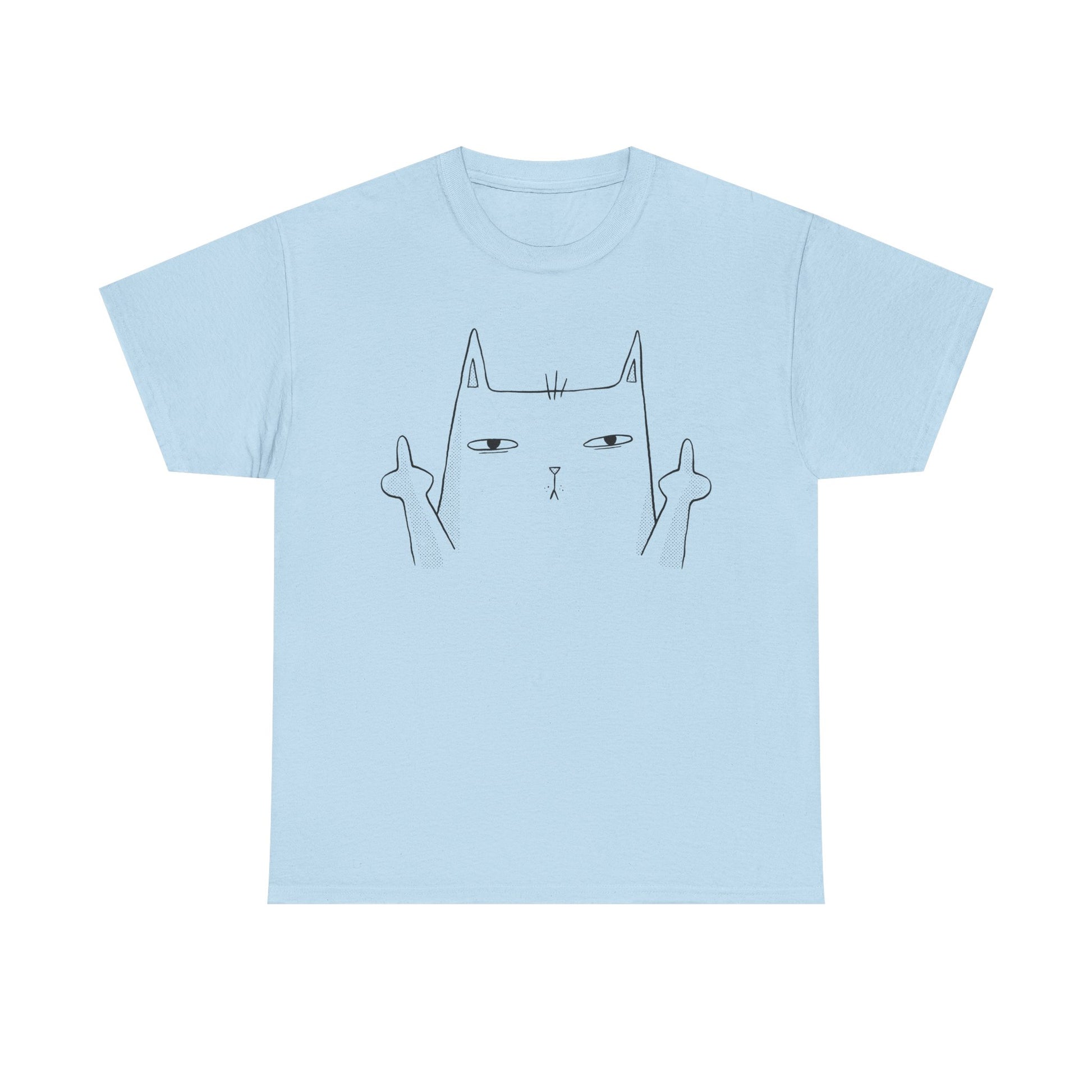 Hellblaues T-Shirt mit sarkastischem Katzenmotiv: Im Center sitzt eine dünn gezeichnete Katze mit ausdruckslosem Gesicht und erhobenen Mittelfingern – ein Design zwischen Kunst und klarer Ansage.